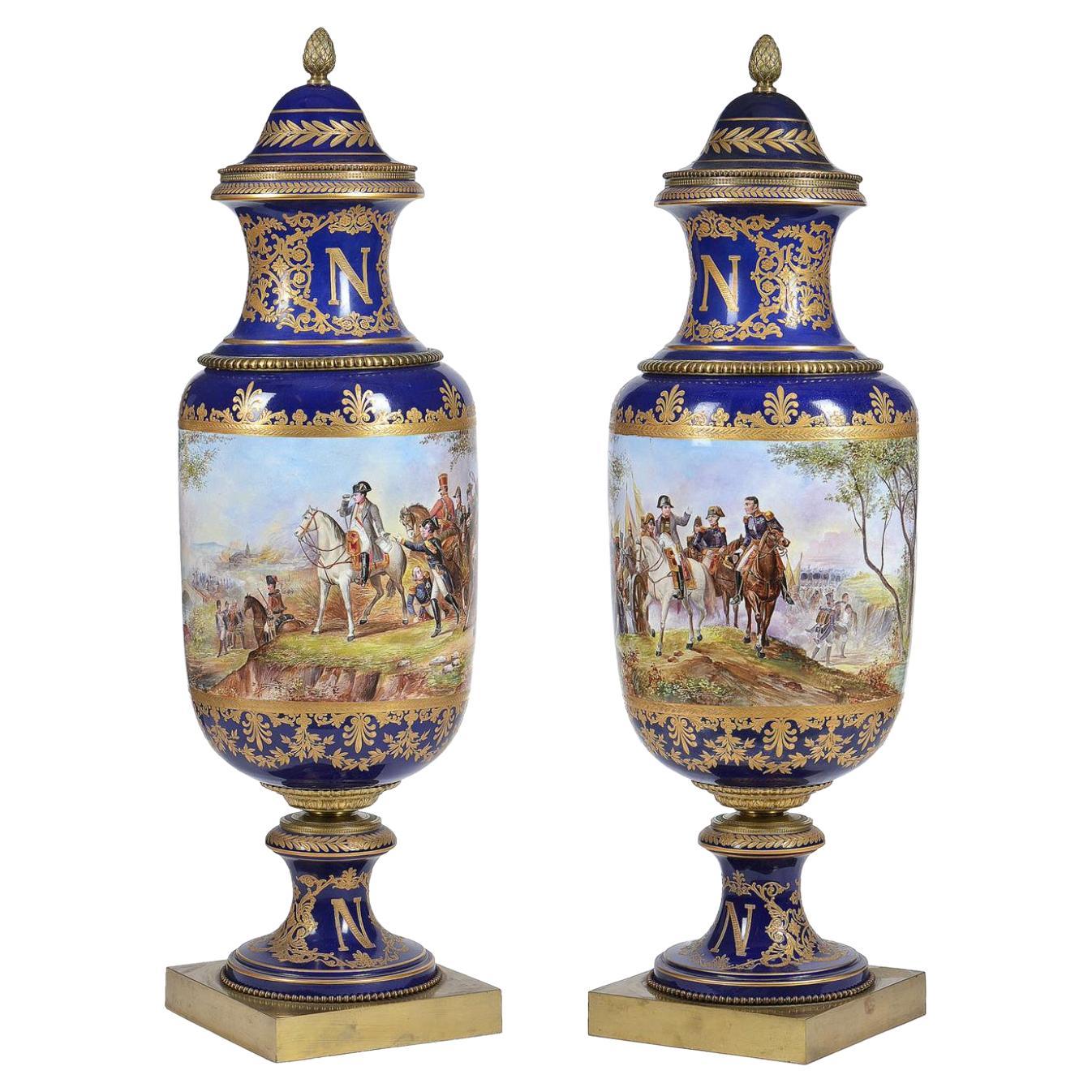 Large Pair of Sevres Style Vases, Battle Scenes