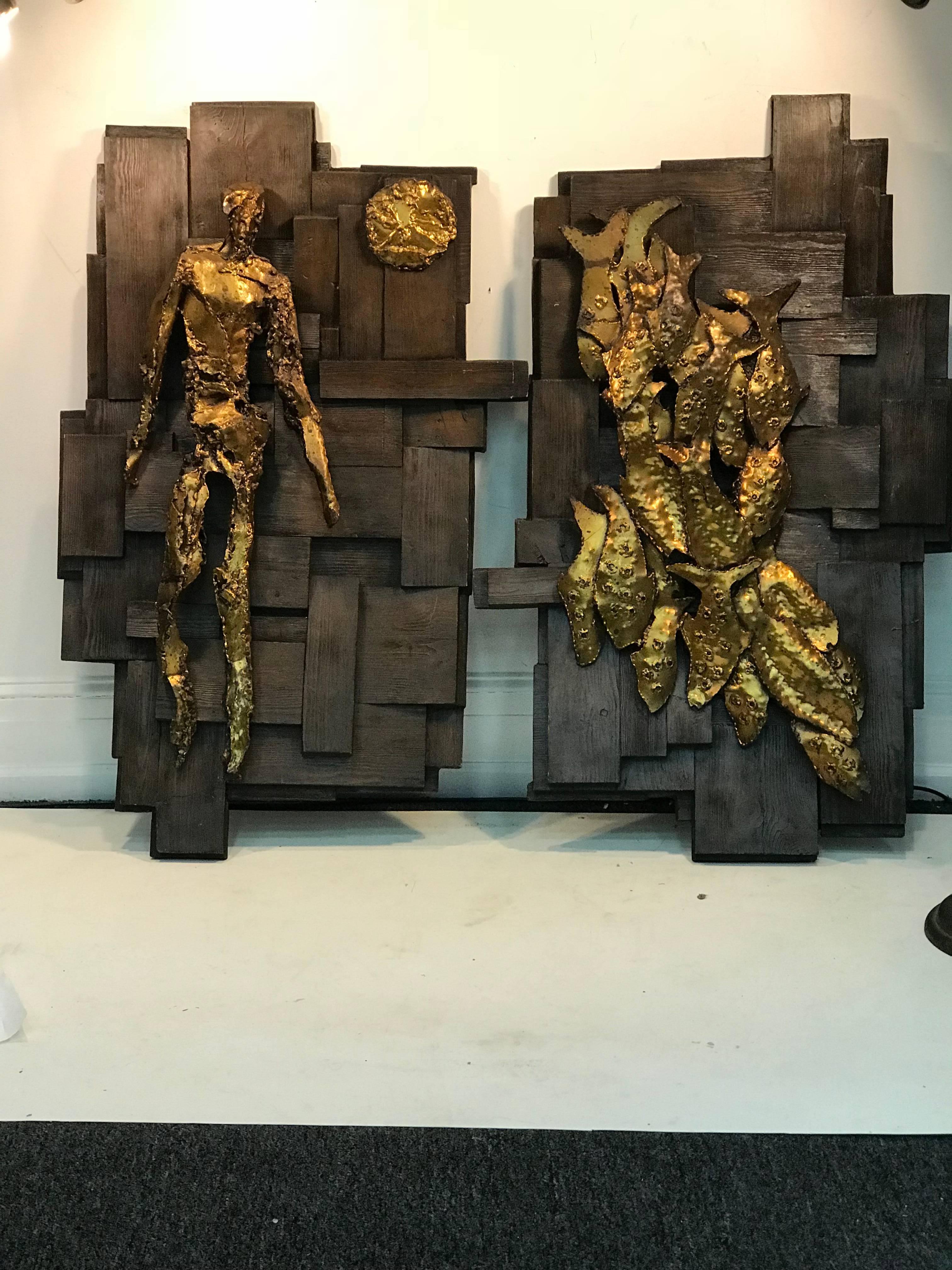 American Large Pair of Signed Brutalist Resin Wall Sculptures For Sale