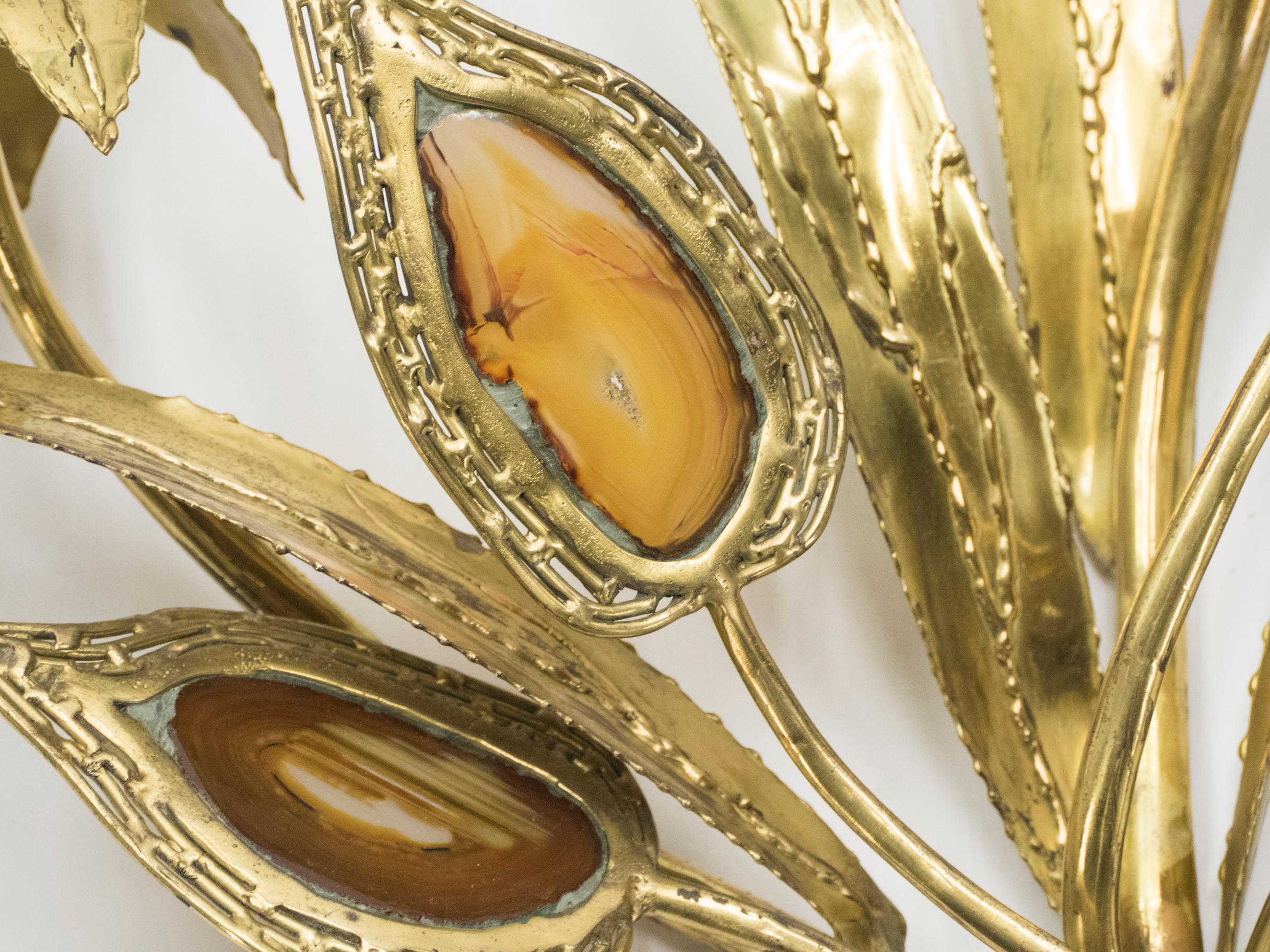 Large Pair of Signed J. Duval Brasseur Foliated Brass and Agate Wall-Lights 1970 For Sale 2