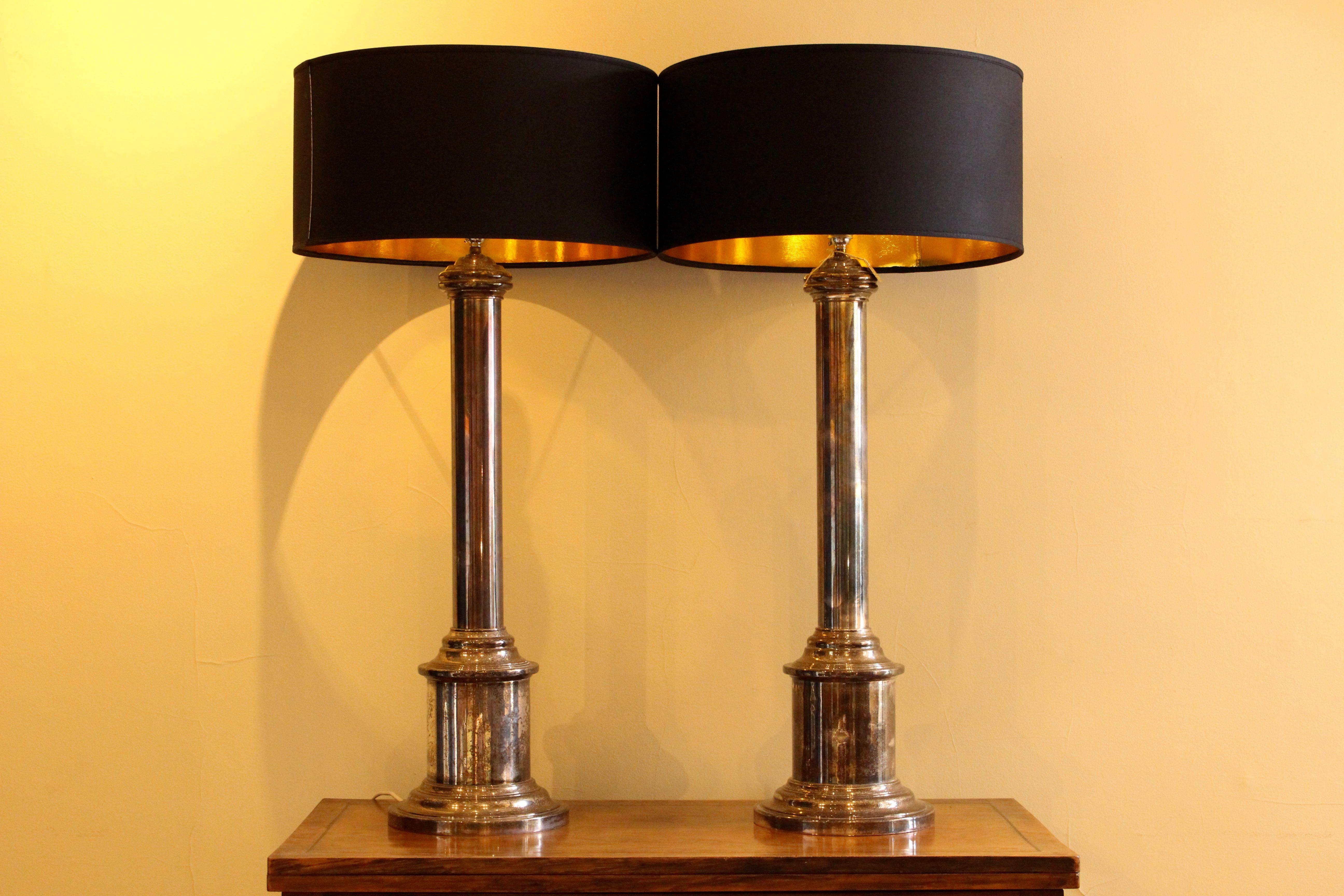 Large Pair of Silver Plate Column Table Lamps 7