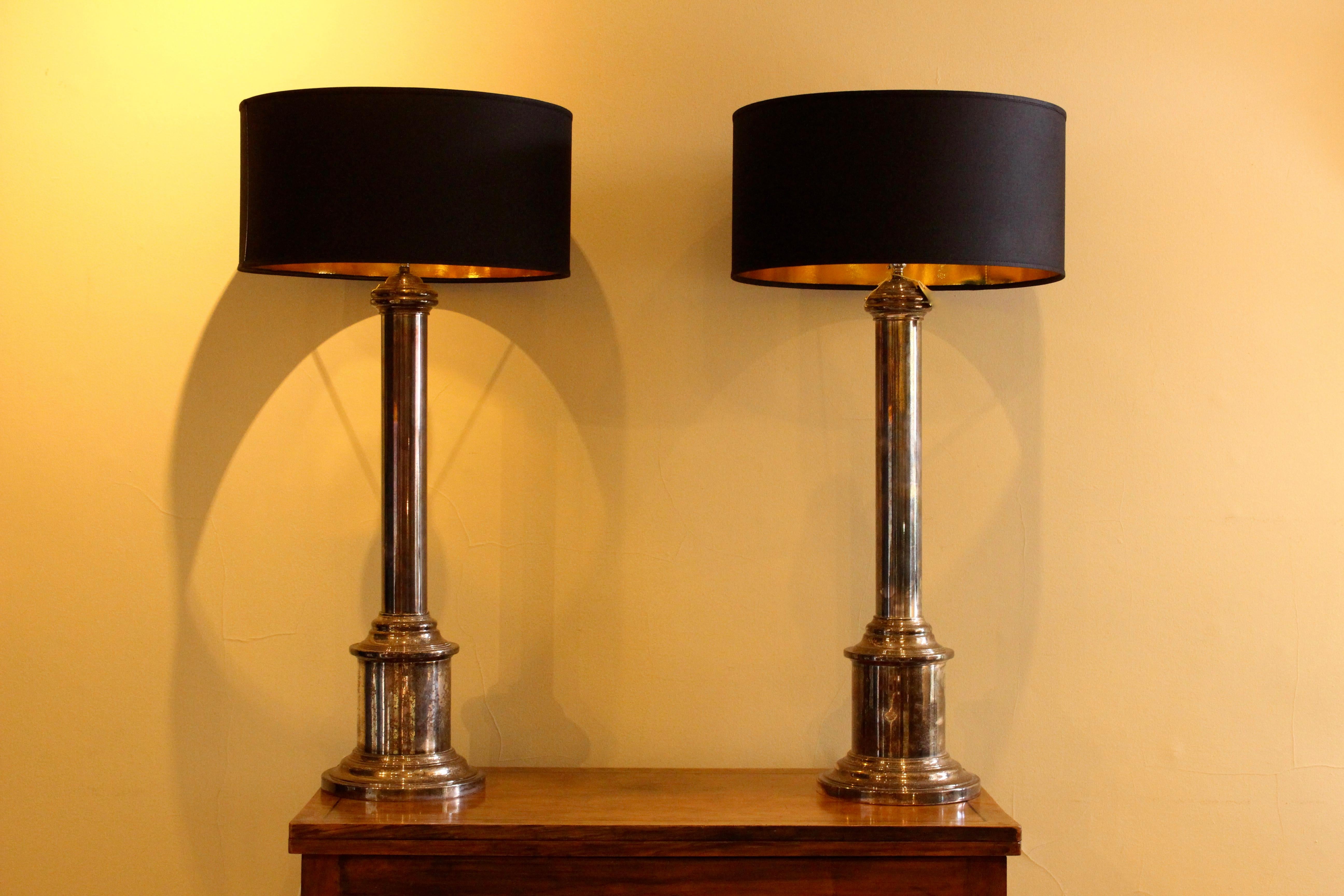 English Large Pair of Silver Plate Column Table Lamps