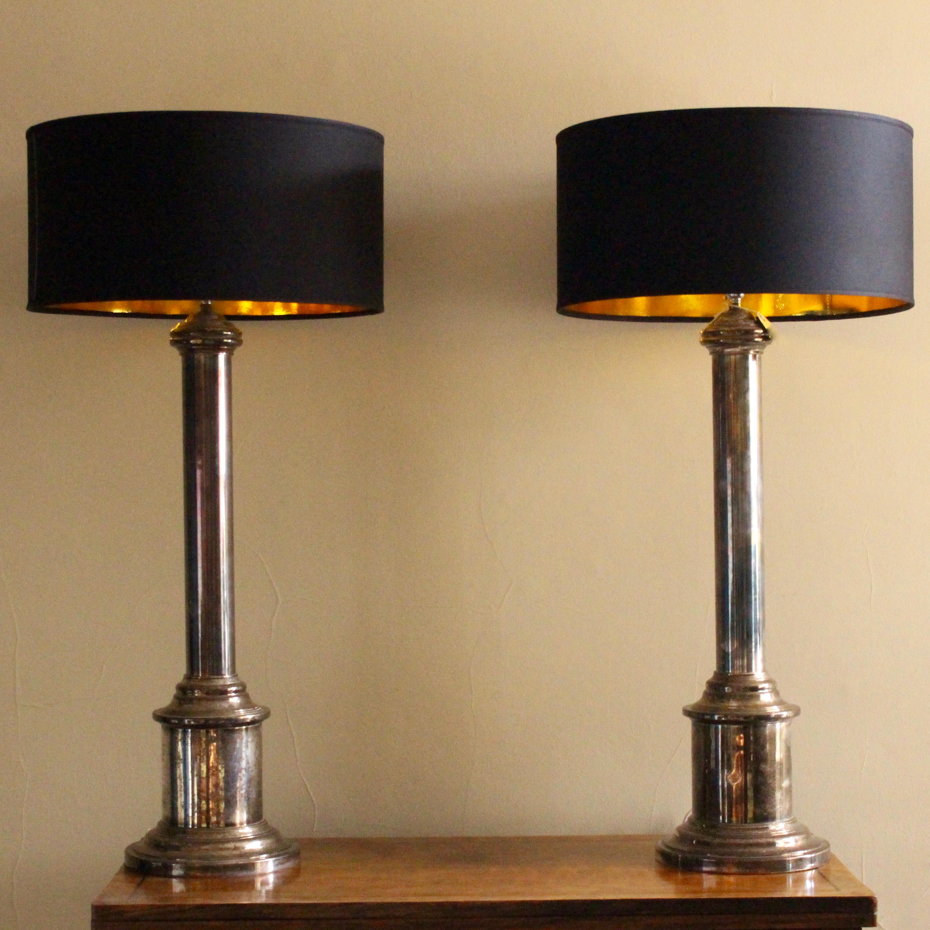 Large Pair of Silver Plate Column Table Lamps 1