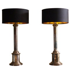 Large Pair of Silver Plate Column Table Lamps