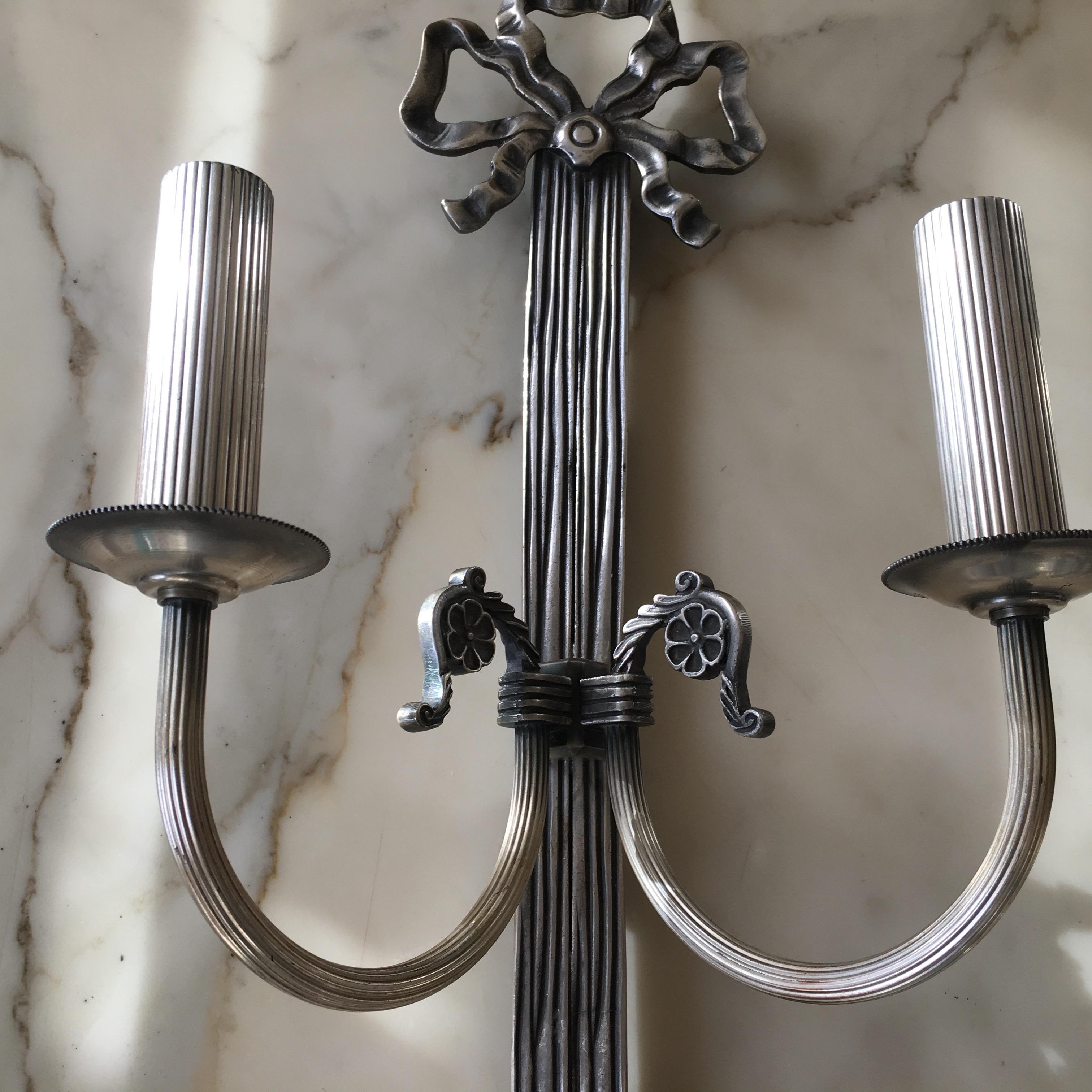 Large Pair of Silvered Bronze Louis XVI Wall Sconces, France, 1960 In Good Condition In Brussels, BE
