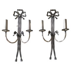 Large Pair of Silvered Bronze Louis XVI Wall Sconces, France, 1960
