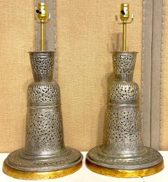 Large Pair of  Silvered Pierced Moroccan Urn Lamps, Circa 1960s