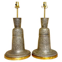 Antique Large Pair of  Silvered Pierced Moroccan Urn Lamps, Circa 1960s