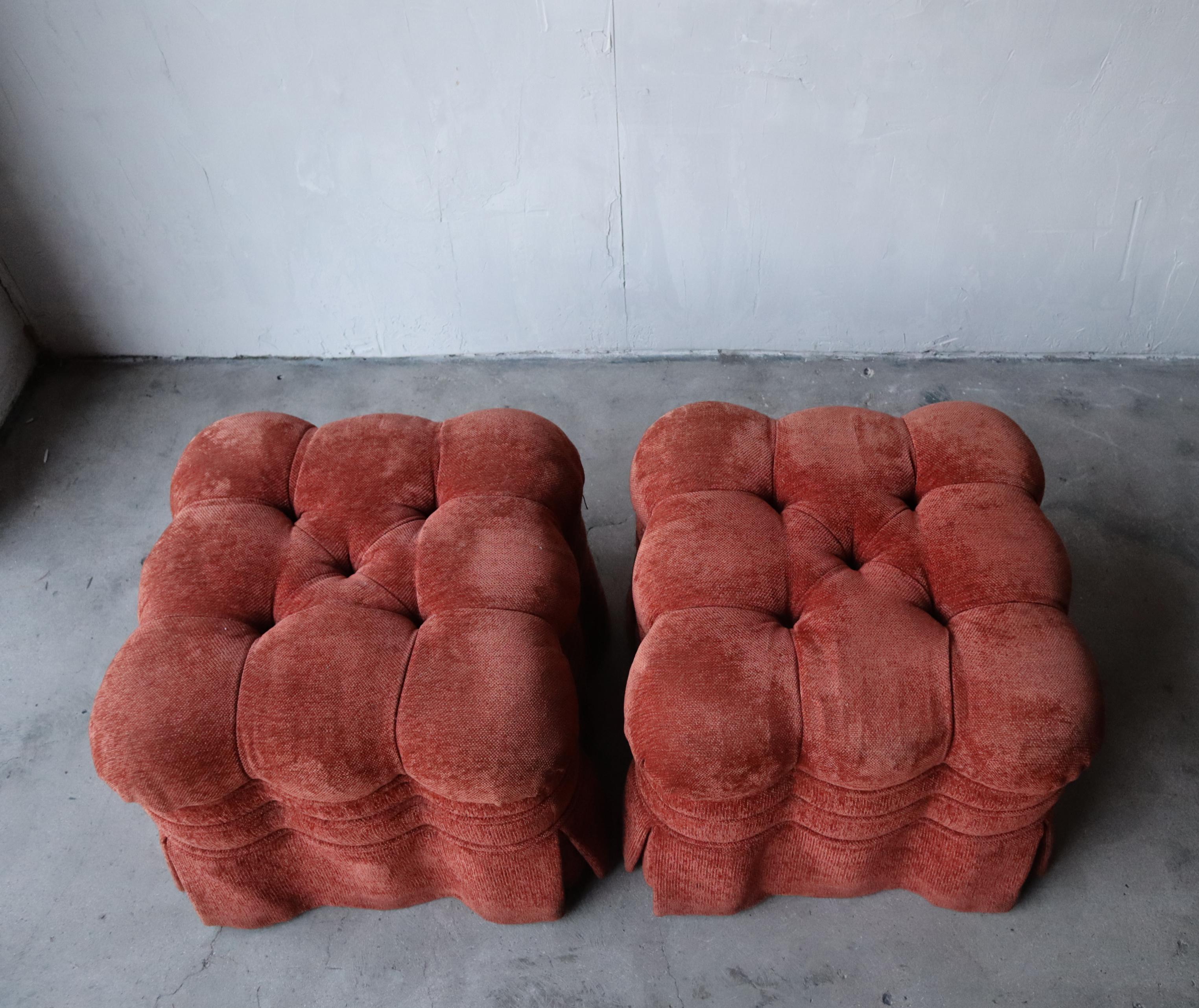 20th Century Large Pair of Skirted Biscuit Tufted Ottomans