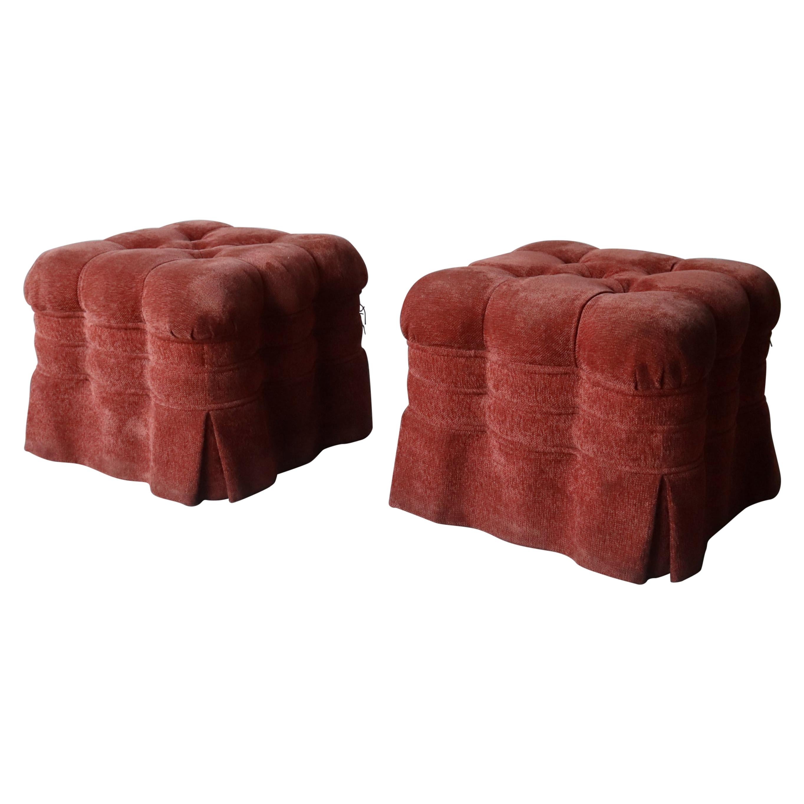 Large Pair of Skirted Biscuit Tufted Ottomans