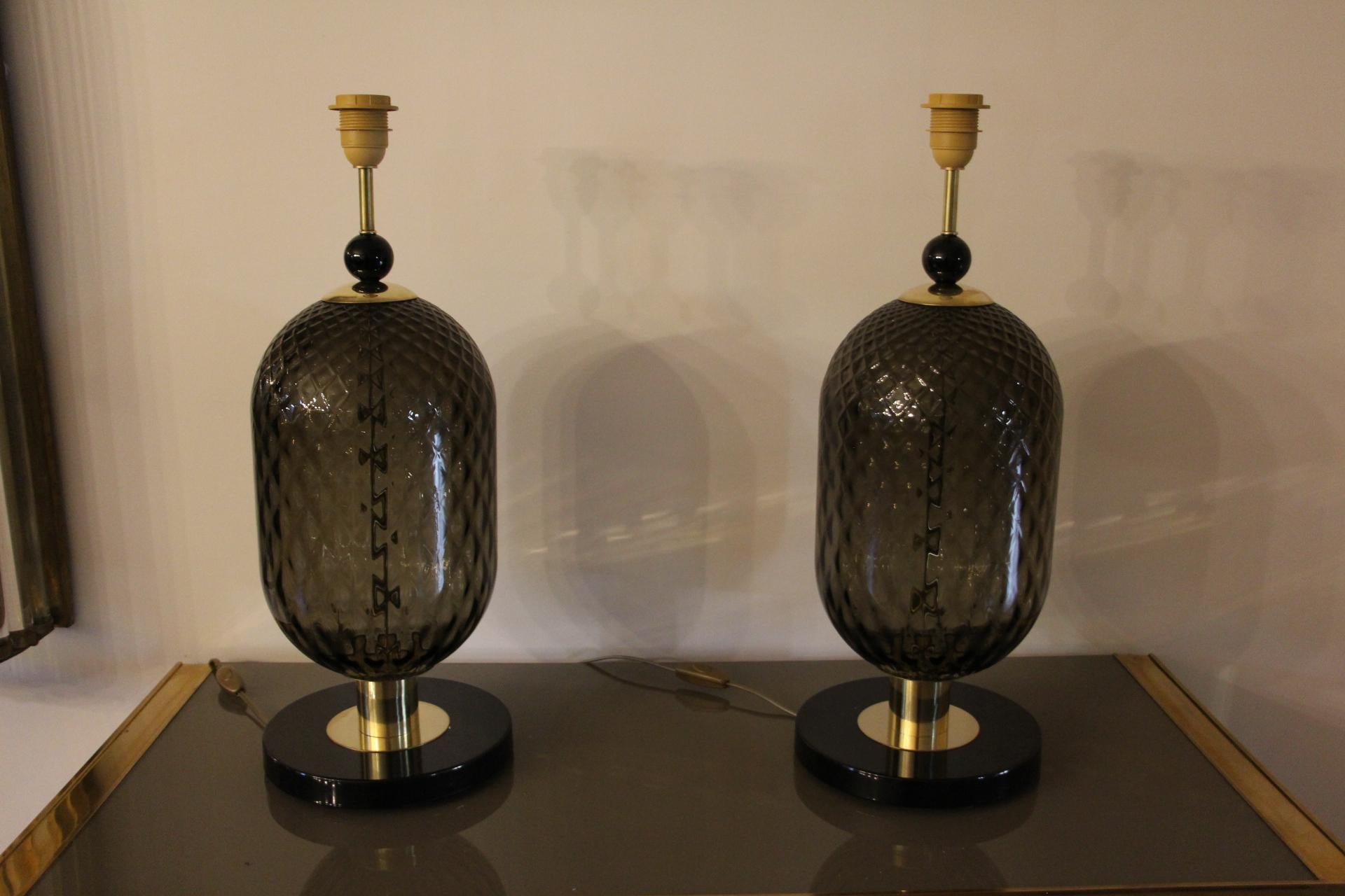 Large Pair of Smoke and Black Murano Glass Table Lamps  4
