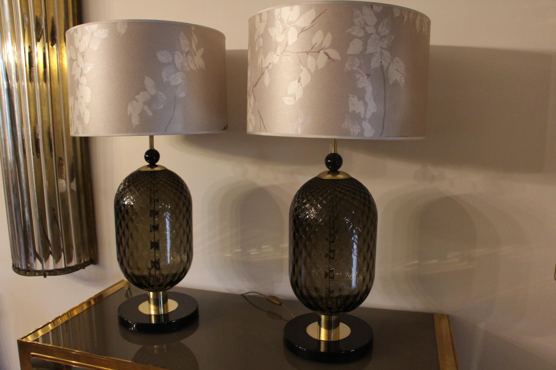 Mid-Century Modern Large Pair of Smoke and Black Murano Glass Table Lamps 