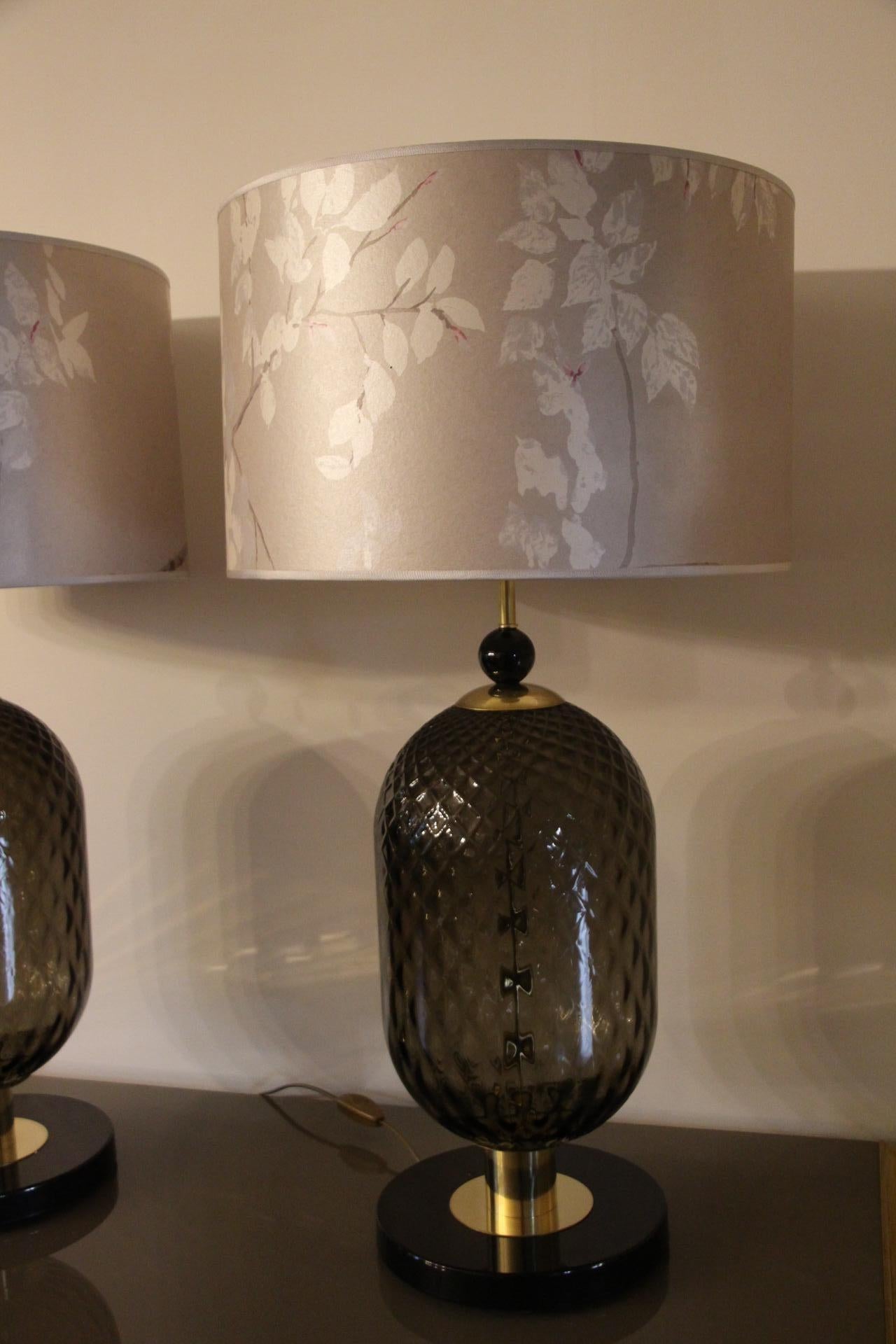 Italian Large Pair of Smoke and Black Murano Glass Table Lamps 