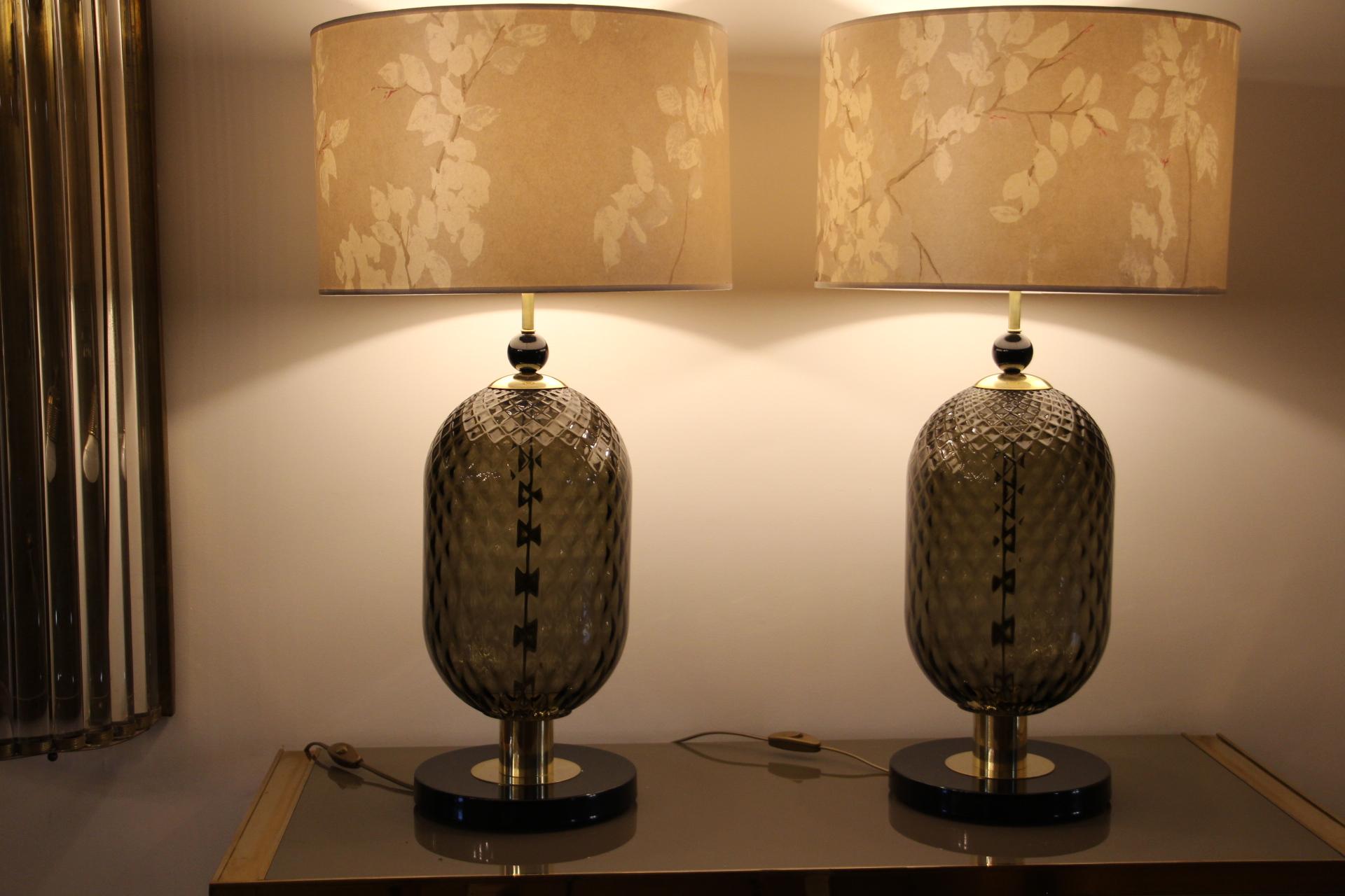 Contemporary Large Pair of Smoke and Black Murano Glass Table Lamps 