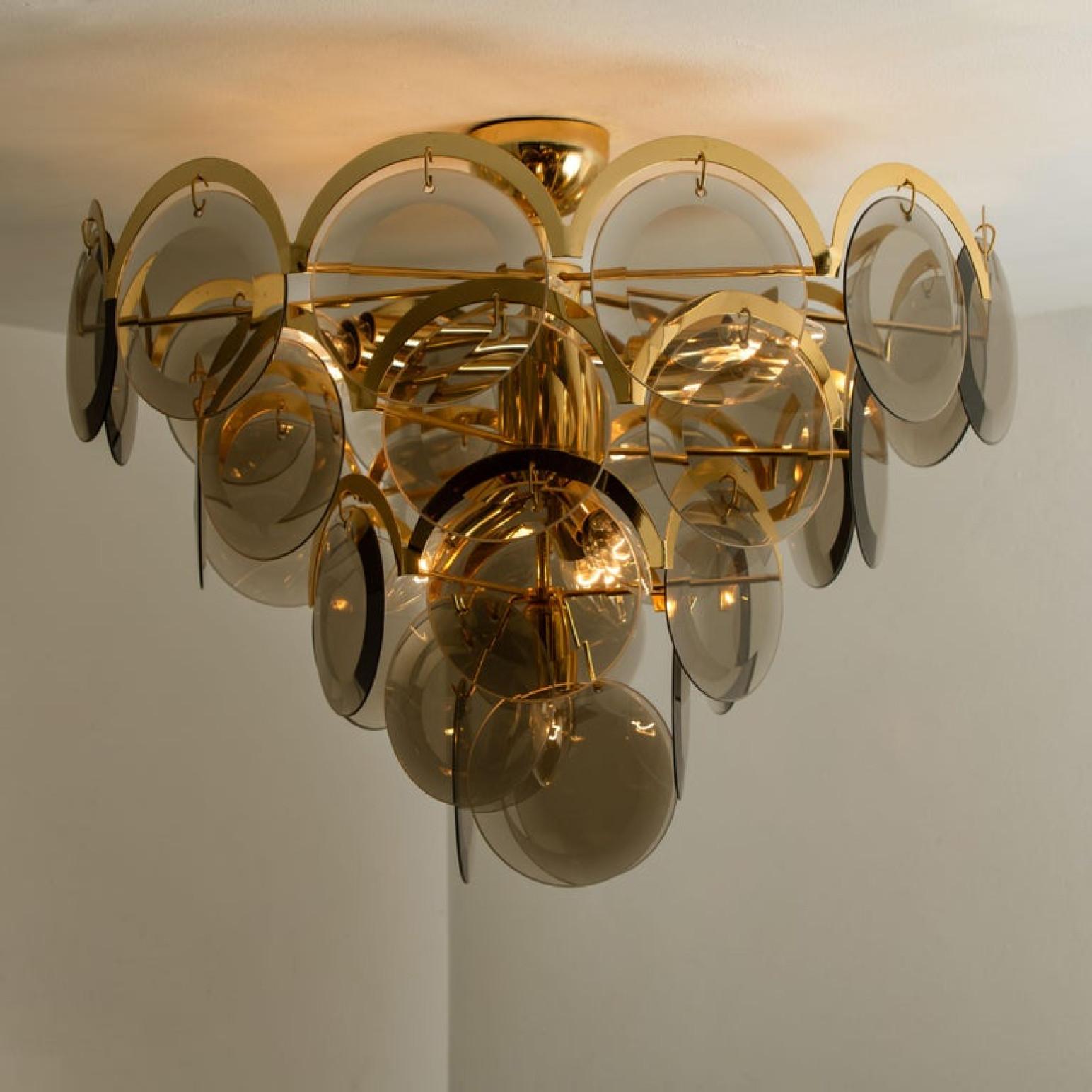 Large Pair of Smoked Glass and Brass Chandeliers in the Style of Vistosi, Italy 3