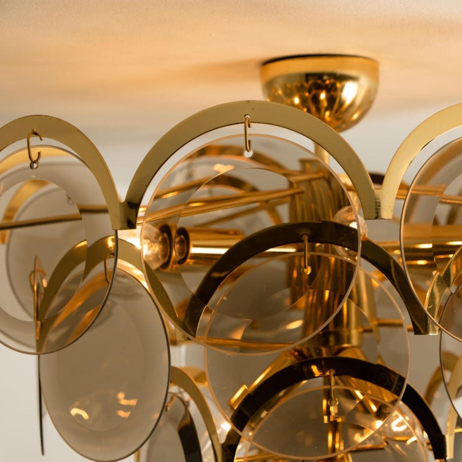 Large Pair of Smoked Glass and Brass Chandeliers in the Style of Vistosi, Italy 4