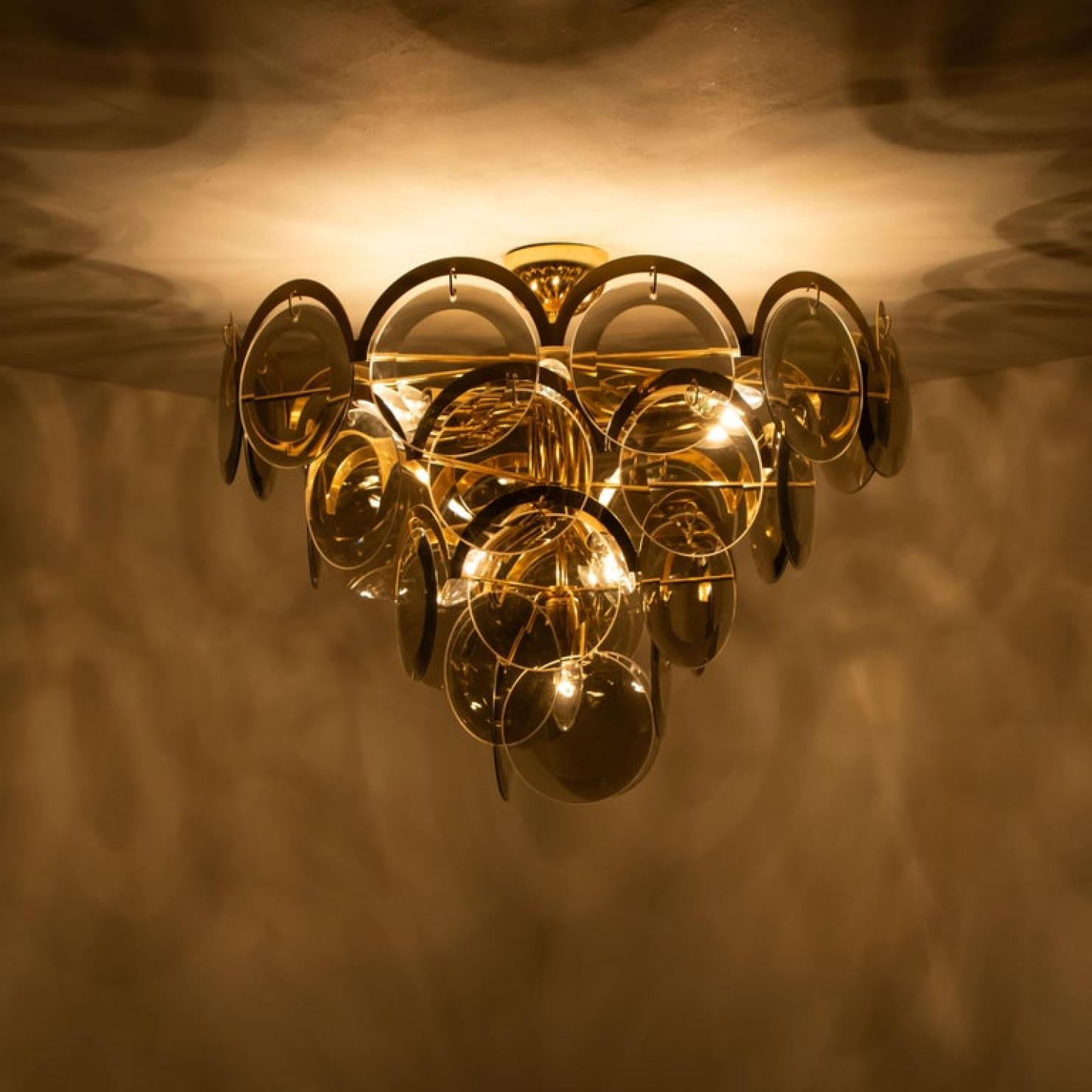 Large Pair of Smoked Glass and Brass Chandeliers in the Style of Vistosi, Italy 5