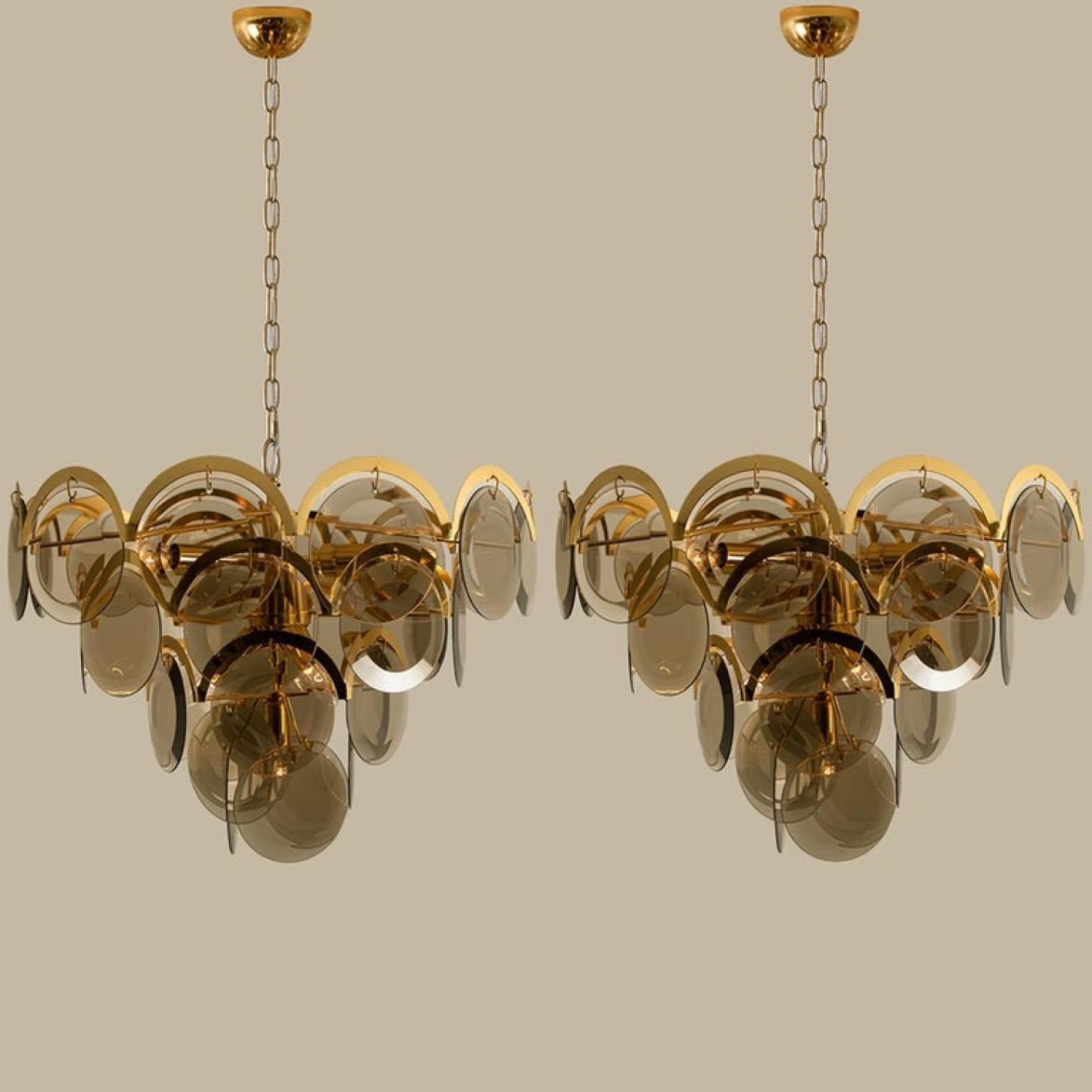 Large Pair of Smoked Glass and Brass Chandeliers in the Style of Vistosi, Italy 6