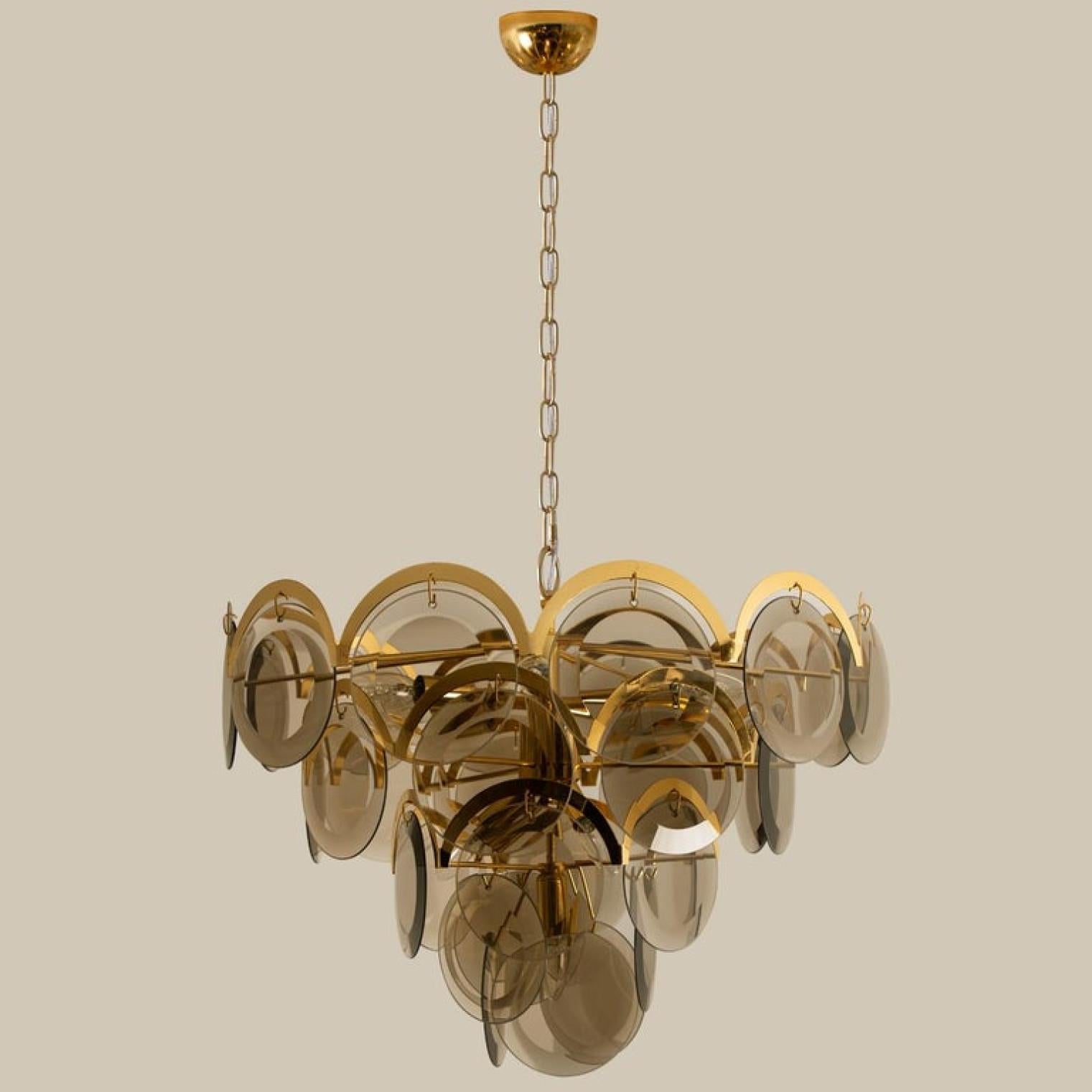 Large Pair of Smoked Glass and Brass Chandeliers in the Style of Vistosi, Italy 10