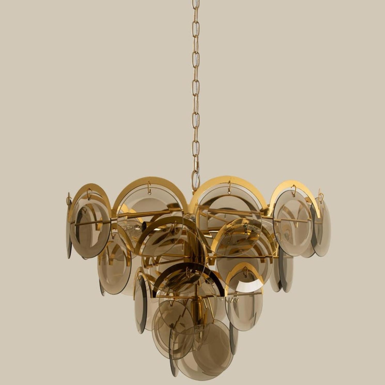 Large Pair of Smoked Glass and Brass Chandeliers in the Style of Vistosi, Italy 11