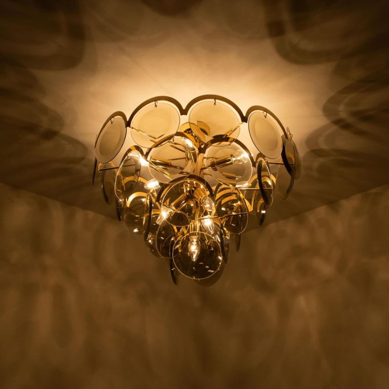 Large Pair of Smoked Glass and Brass Chandeliers in the Style of Vistosi, Italy 13