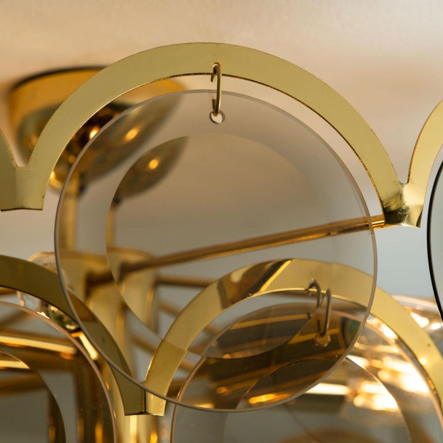 Mid-Century Modern Large Pair of Smoked Glass and Brass Chandeliers in the Style of Vistosi, Italy