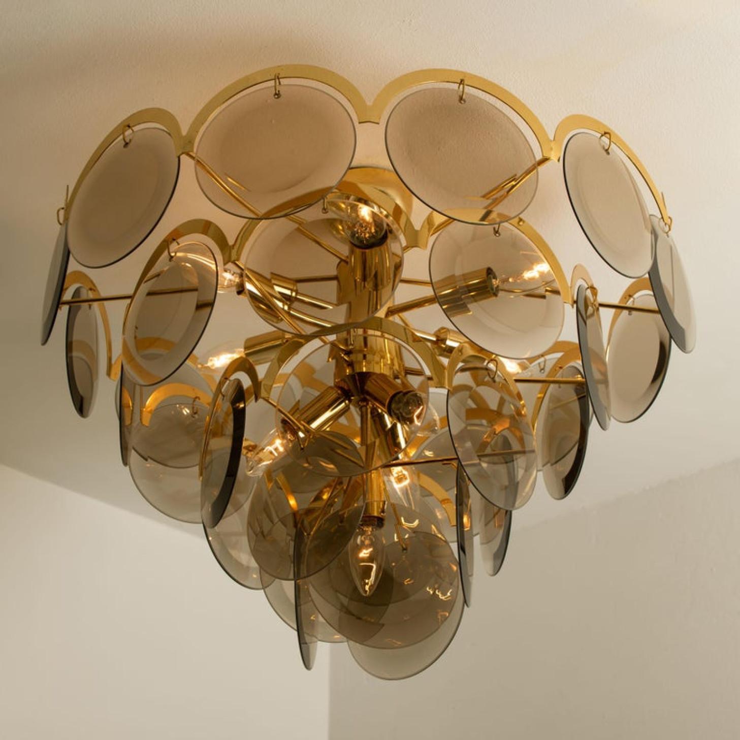 German Large Pair of Smoked Glass and Brass Chandeliers in the Style of Vistosi, Italy