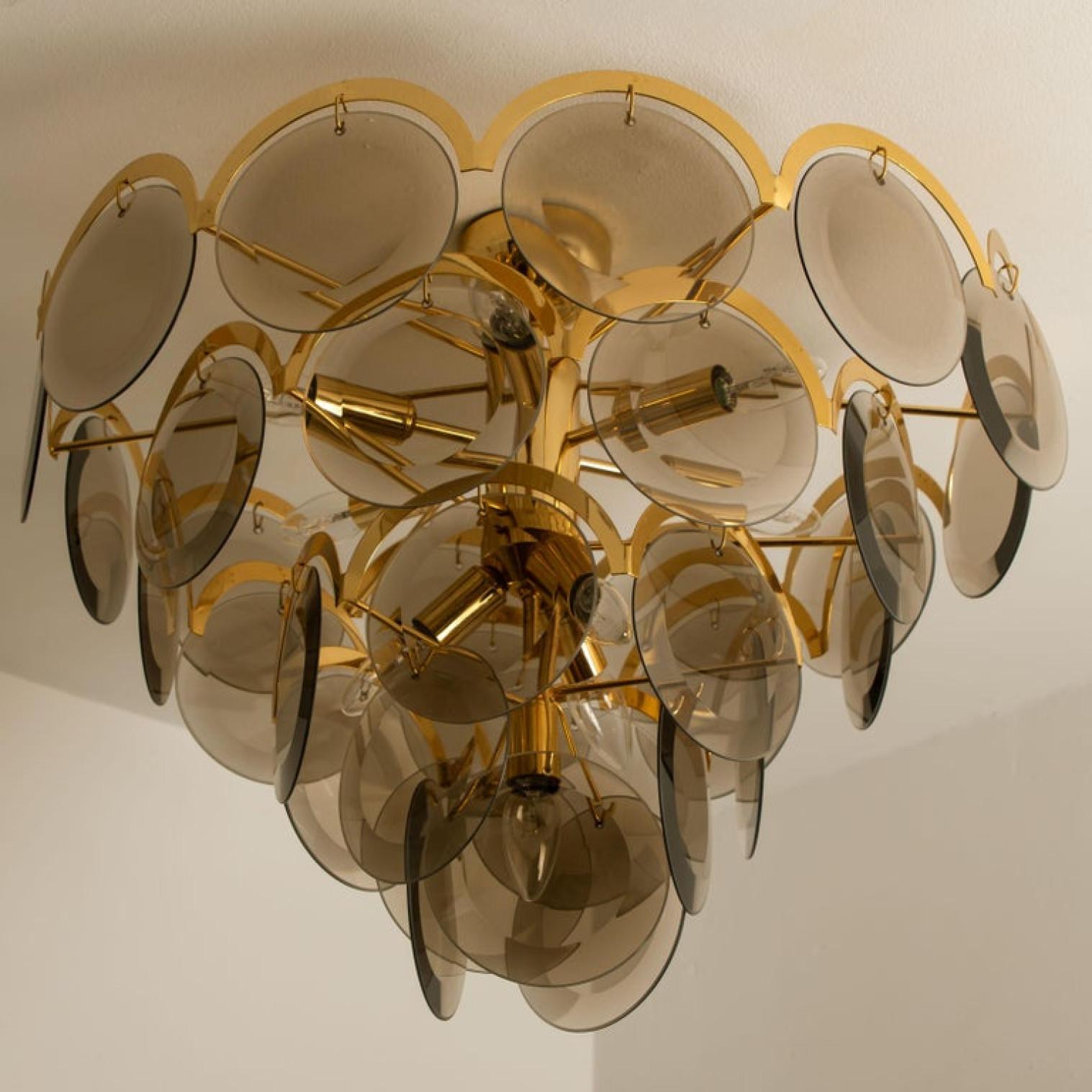 Other Large Pair of Smoked Glass and Brass Chandeliers in the Style of Vistosi, Italy