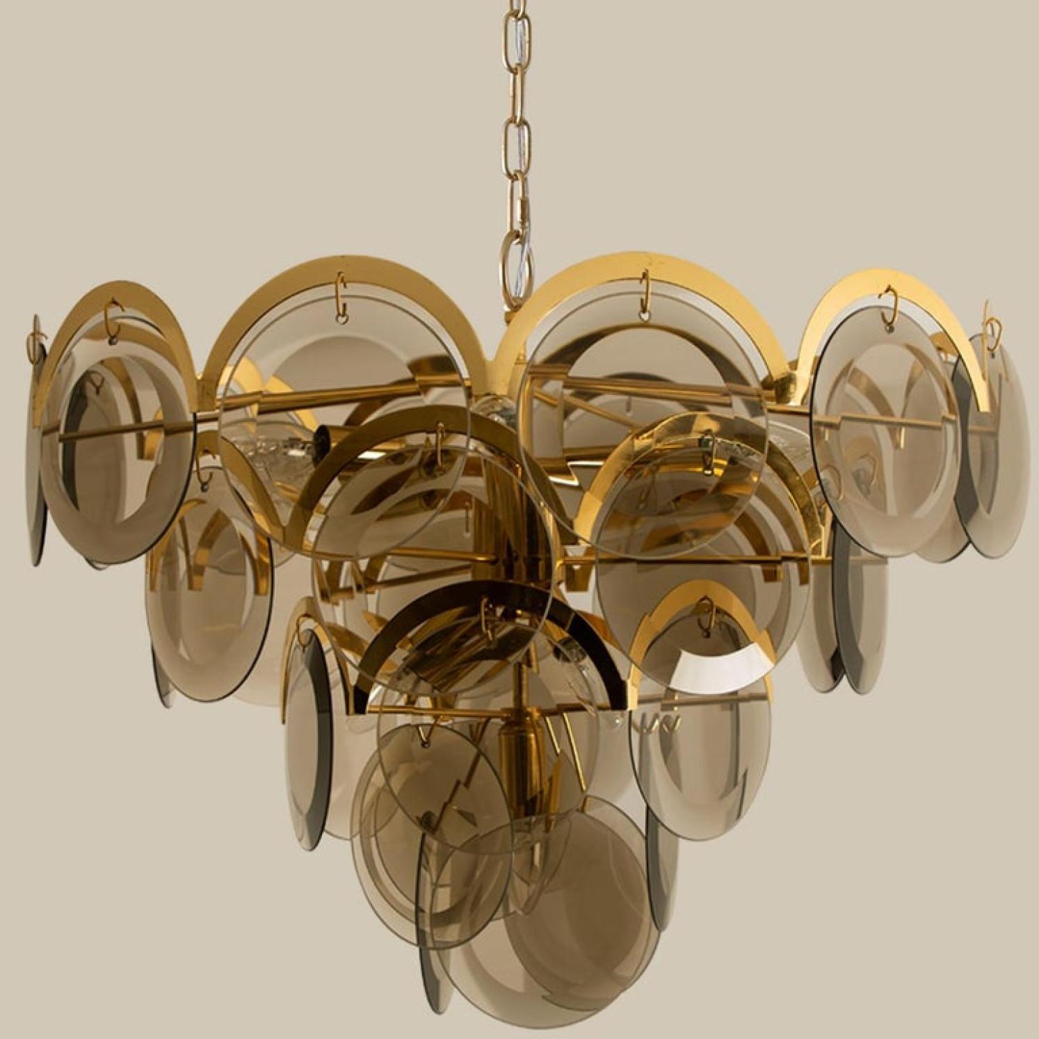 Late 20th Century Large Pair of Smoked Glass and Brass Chandeliers in the Style of Vistosi, Italy