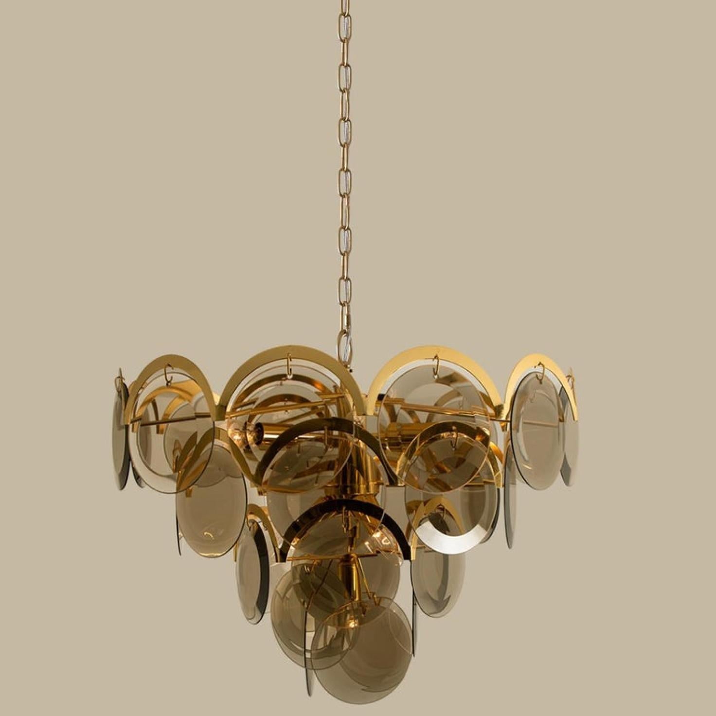 Large Pair of Smoked Glass and Brass Chandeliers in the Style of Vistosi, Italy 2