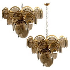 Vintage Large Pair of Smoked Glass and Brass Chandeliers in the Style of Vistosi, Italy