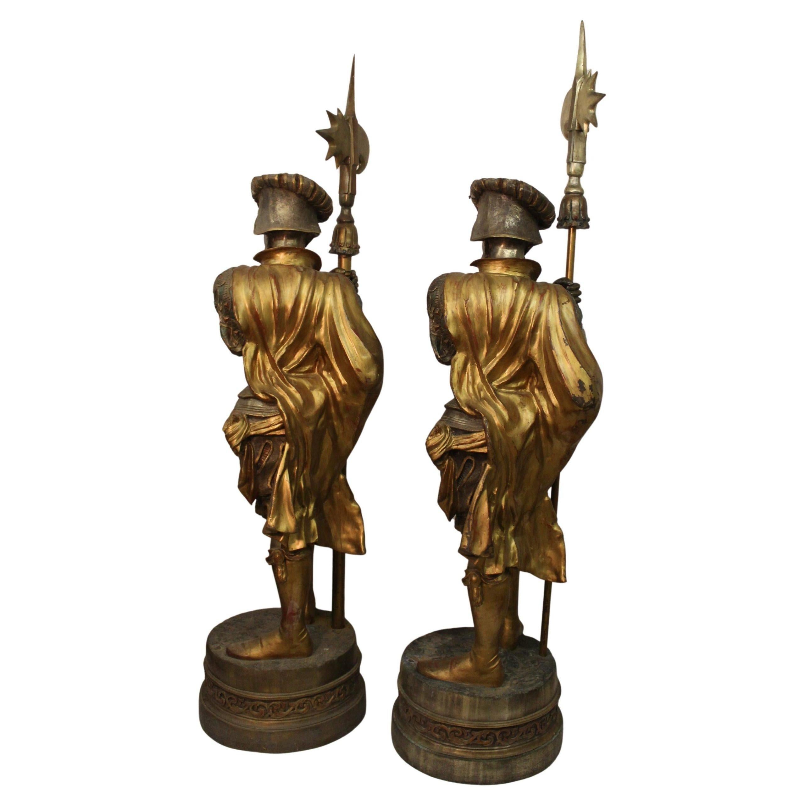 XIX secolo Grande coppia di soldati in bronzo argentato 240 cm in vendita