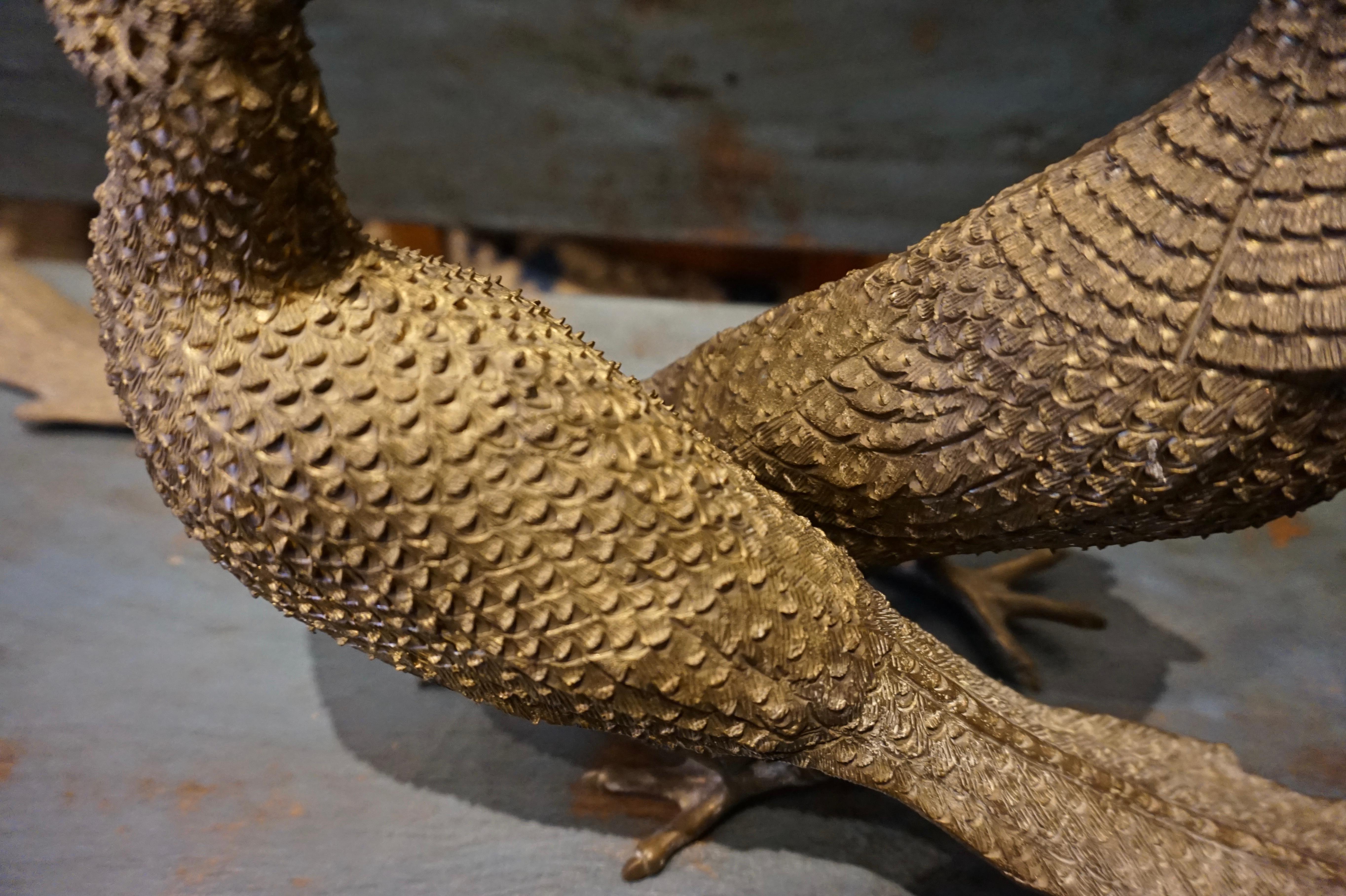 Chinoiserie Large Pair of Solid Brass Hand Tooled Male and Female Golden Pheasants