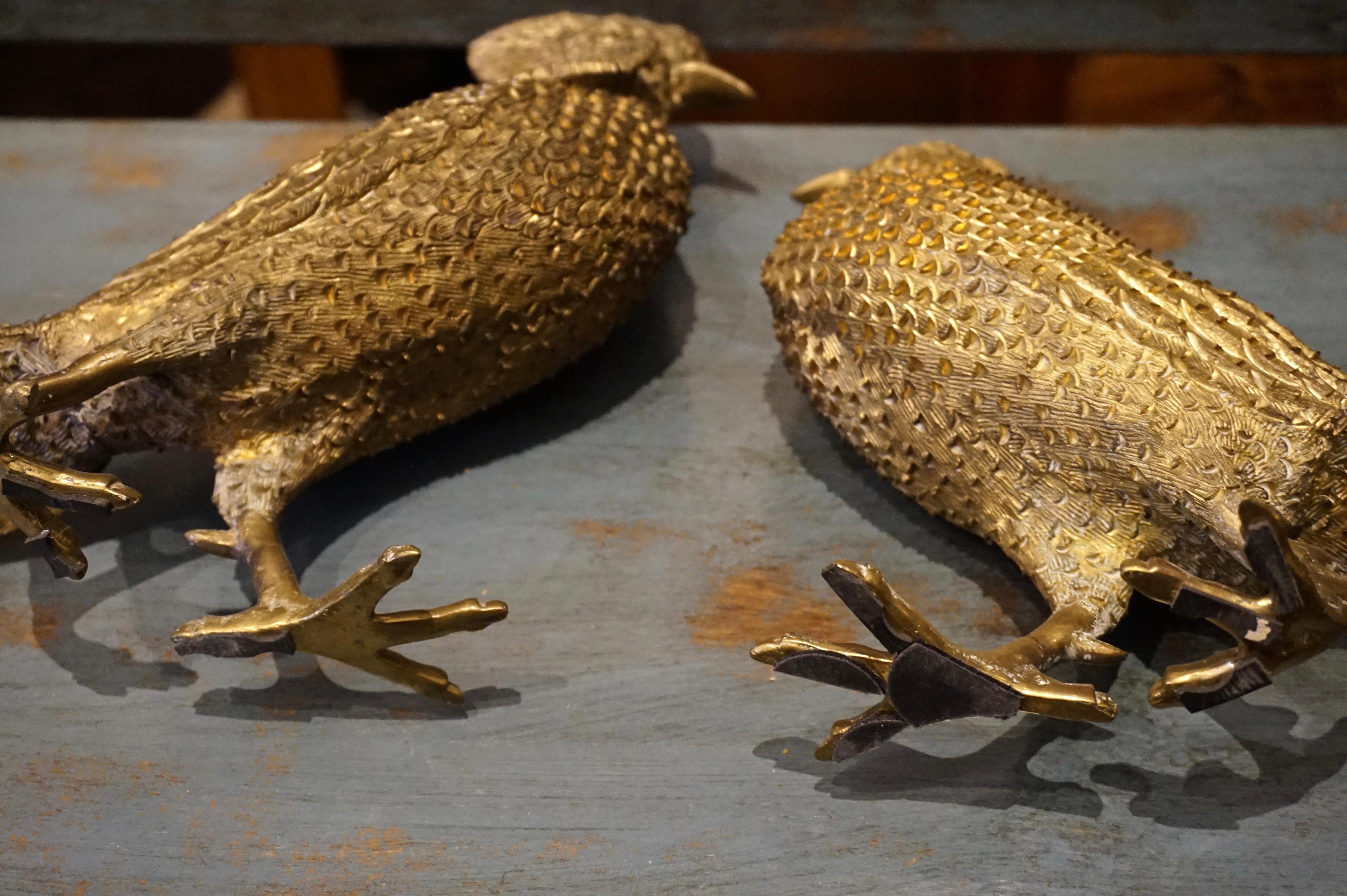 Large Pair of Solid Brass Hand Tooled Male and Female Golden Pheasants 1