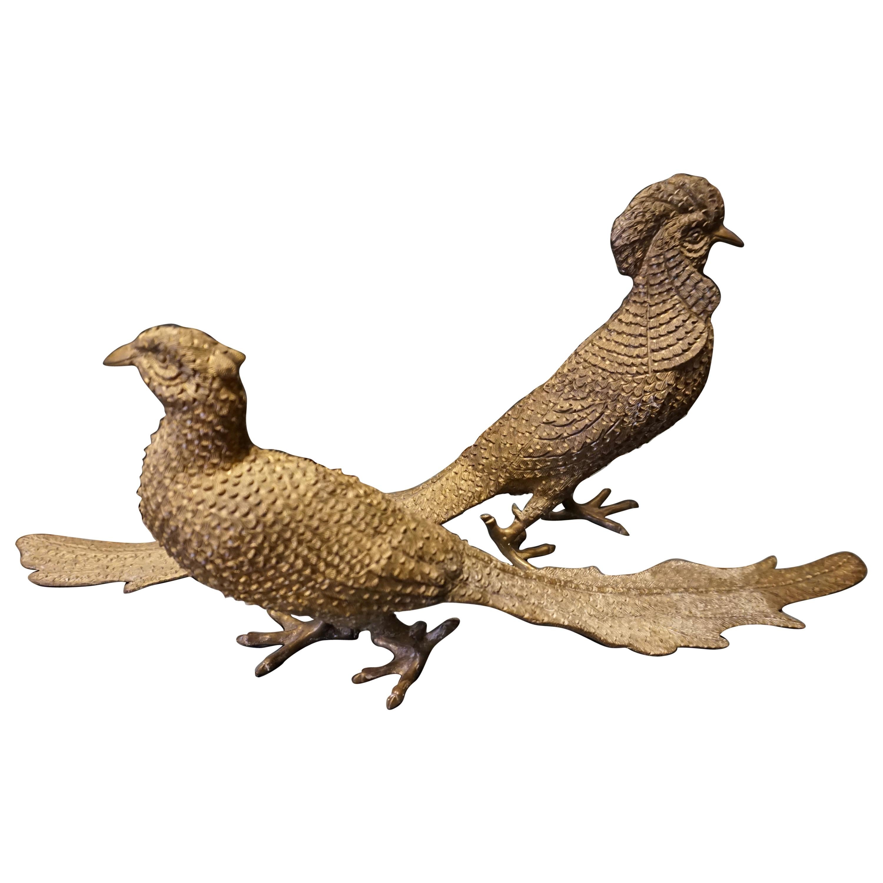 Large Pair of Solid Brass Hand Tooled Male and Female Golden Pheasants