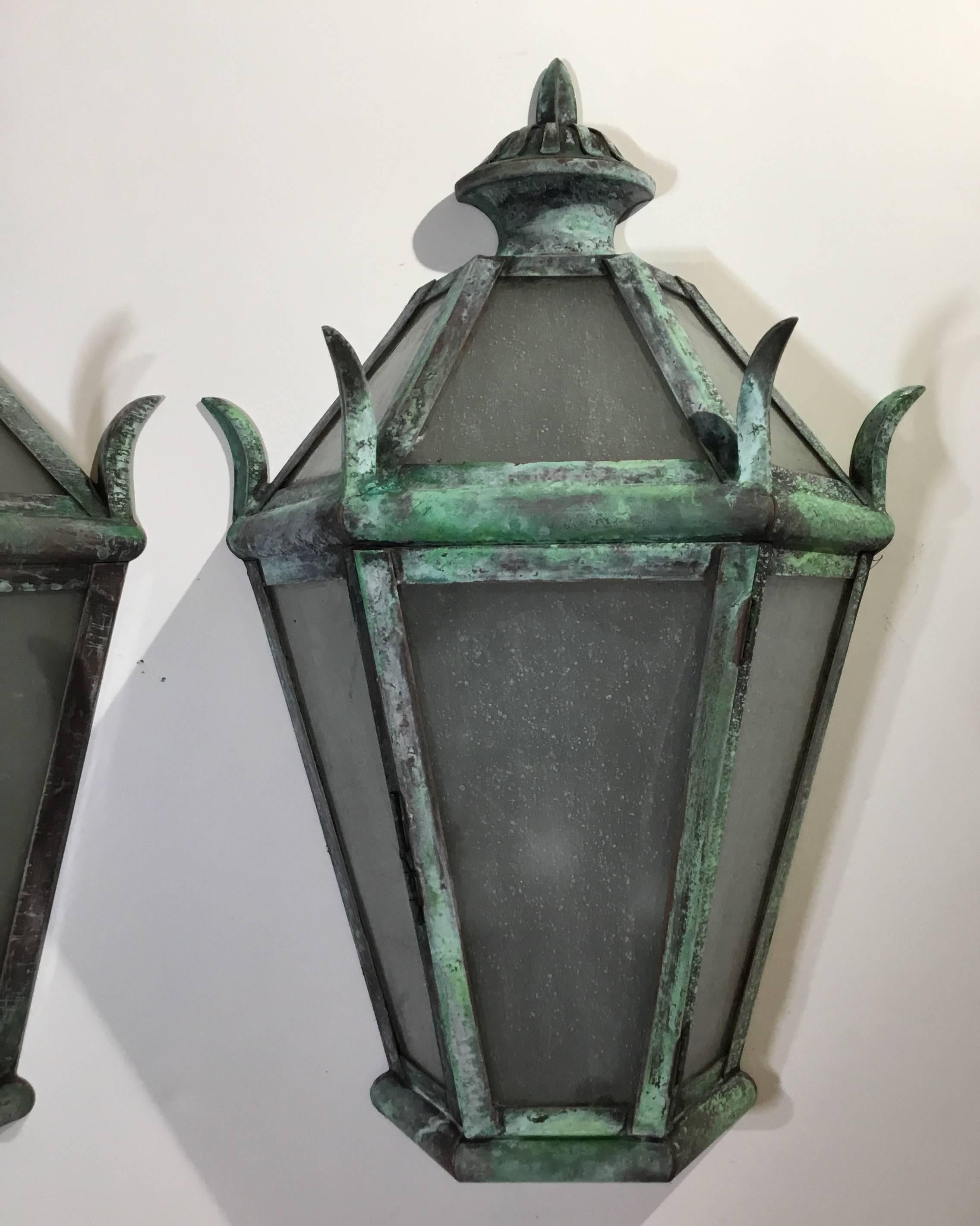 American Large Pair of Solid Brass Wall Hanging Lanterns