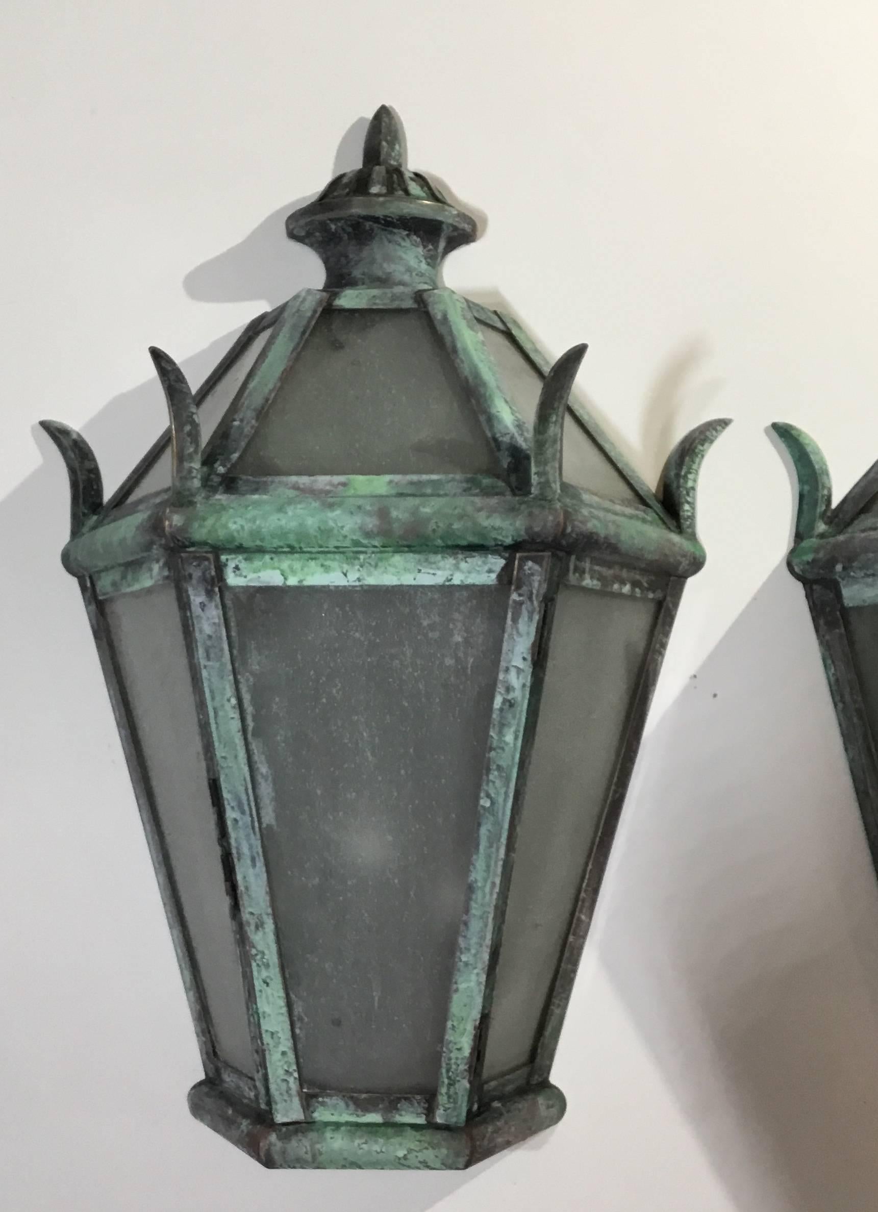 Large Pair of Solid Brass Wall Hanging Lanterns In Excellent Condition In Delray Beach, FL
