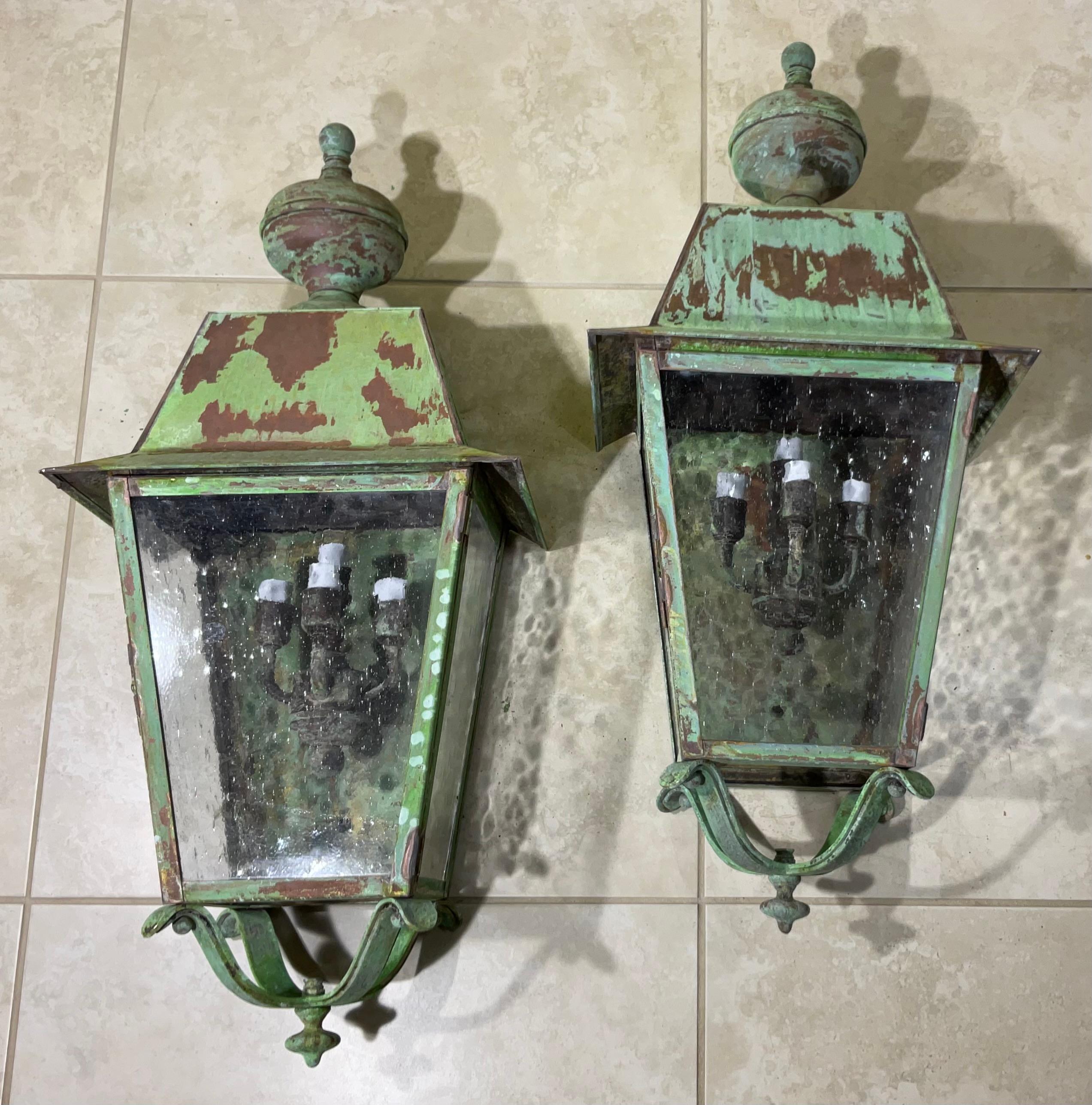 Large Pair of Solid Brass Wall Lantern For Sale 5