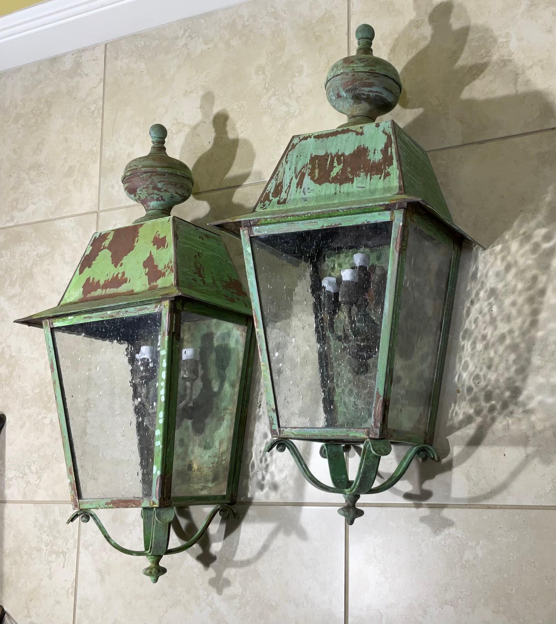 Large Pair of Solid Brass Wall Lantern For Sale 6