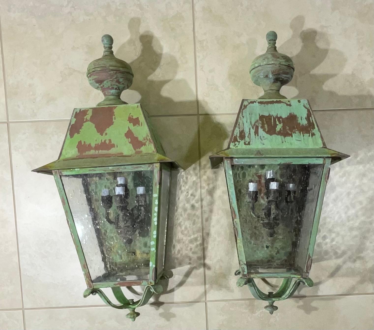 Hand-Crafted Large Pair of Solid Brass Wall Lantern For Sale