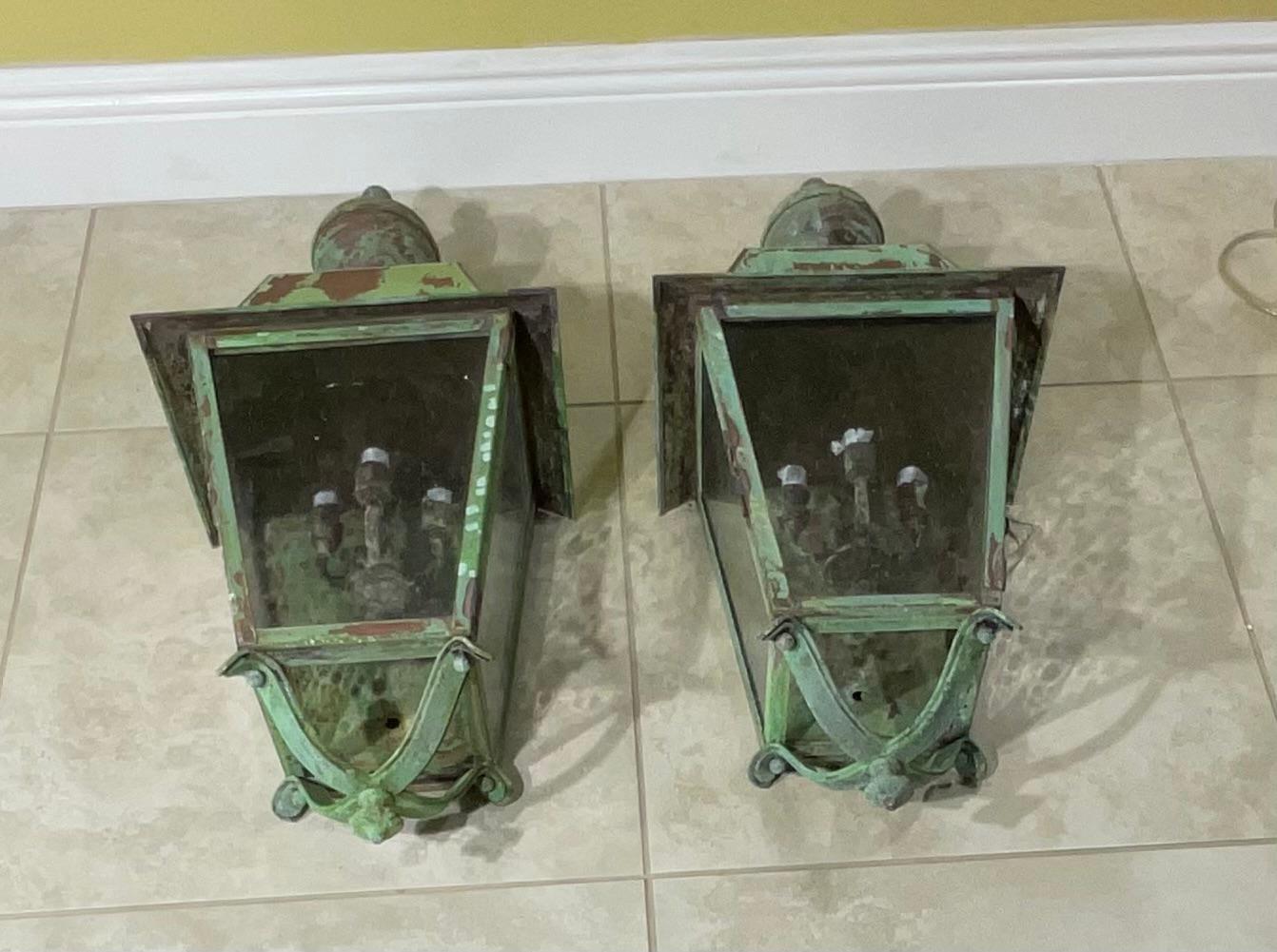 Glass Large Pair of Solid Brass Wall Lantern For Sale