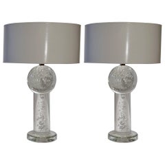 Large Pair of Solid Clear Glass Table Lamps with Air Bubbles and White Shades