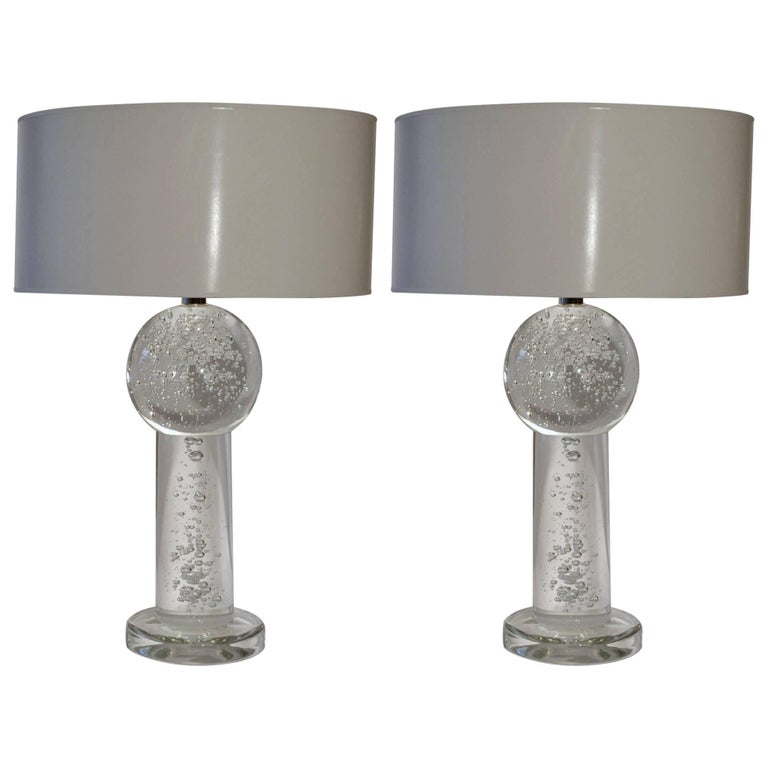 Large Pair of Solid Clear Glass Table Lamps with Air Bubbles and White