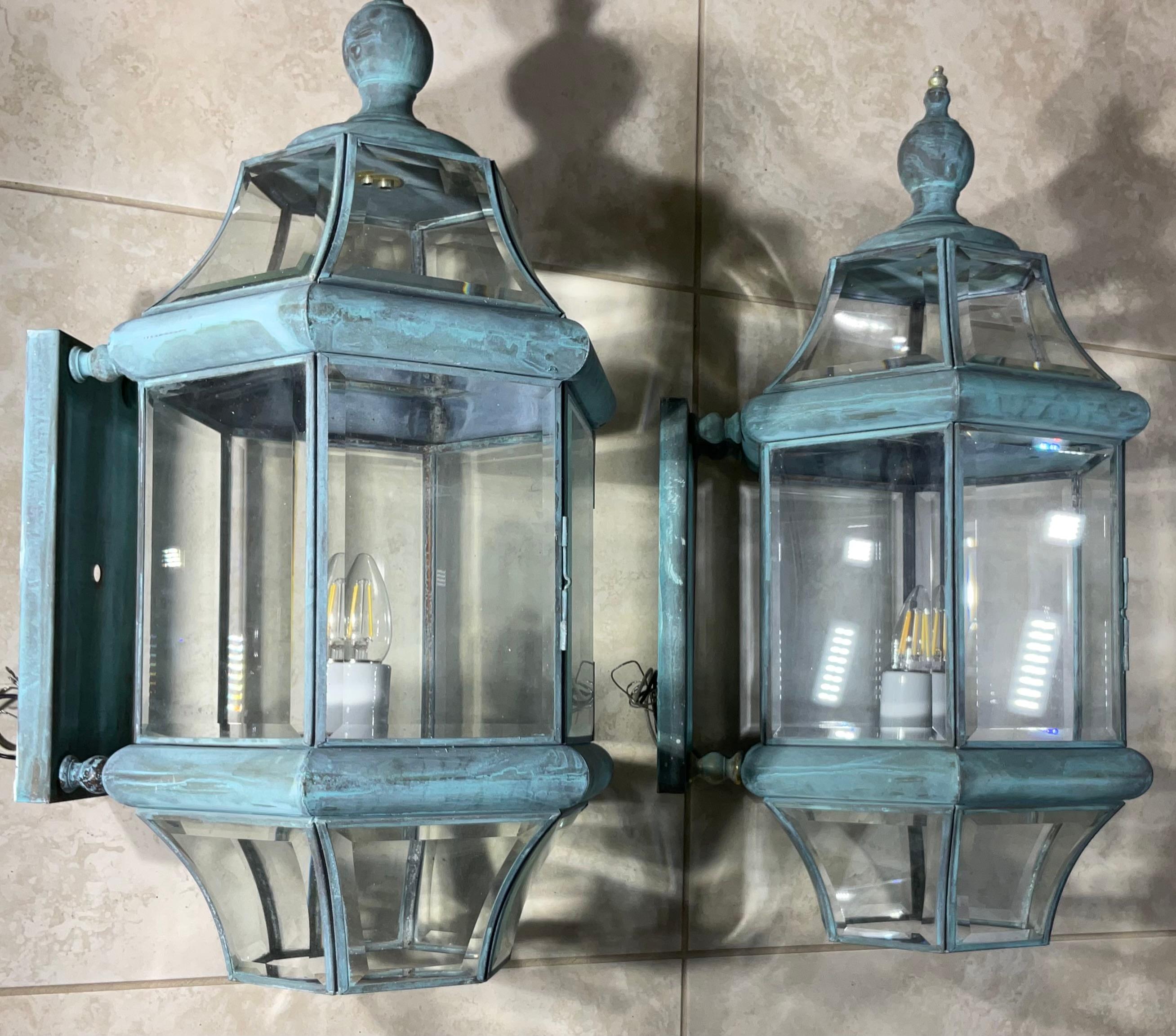 Large Pair of Solid Handcrafted Wall-Mounted Brass Lantern 24”H x 11”W x 12”D For Sale 4