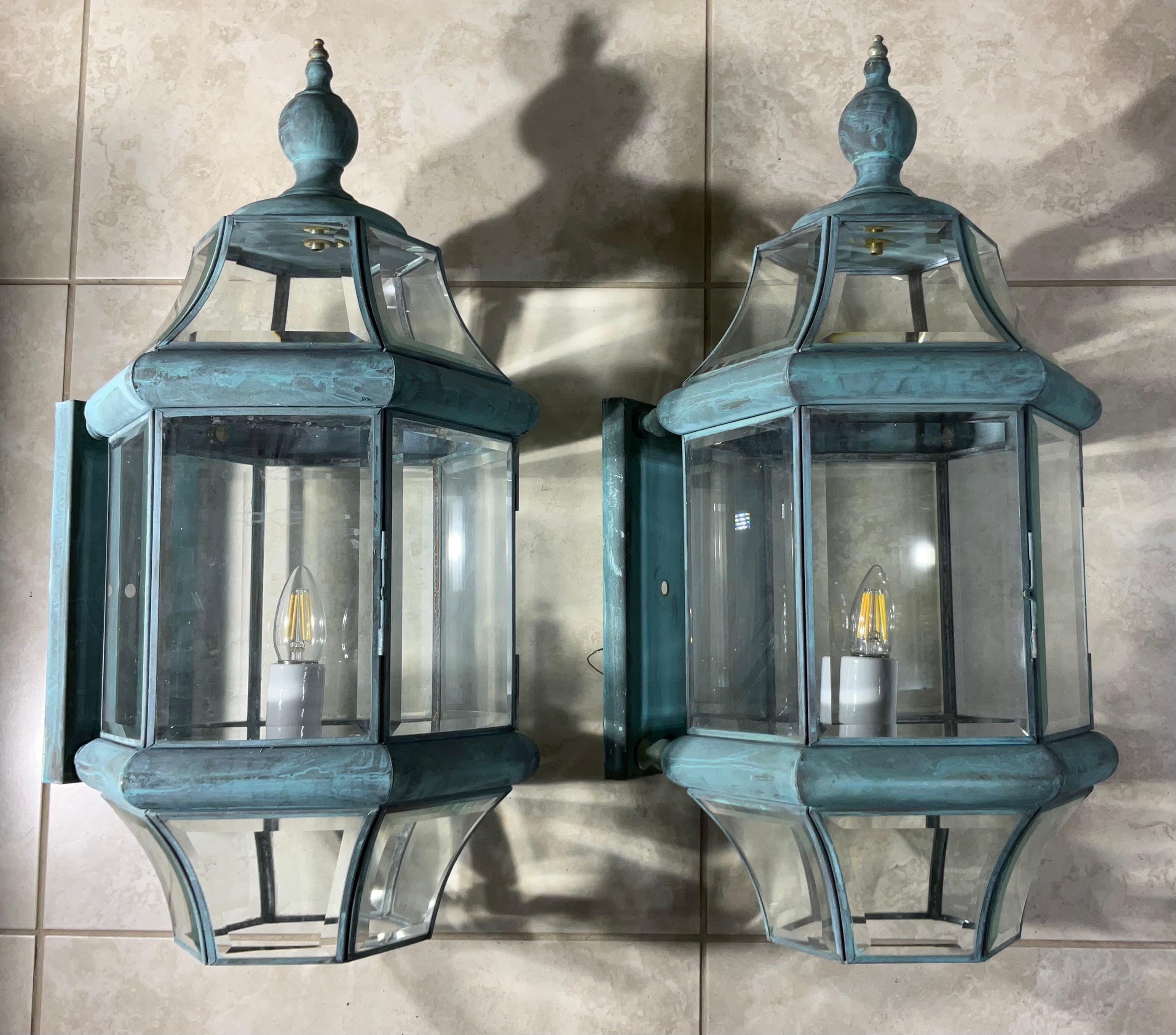 Large Pair of Solid Handcrafted Wall-Mounted Brass Lantern 24”H x 11”W x 12”D For Sale 5