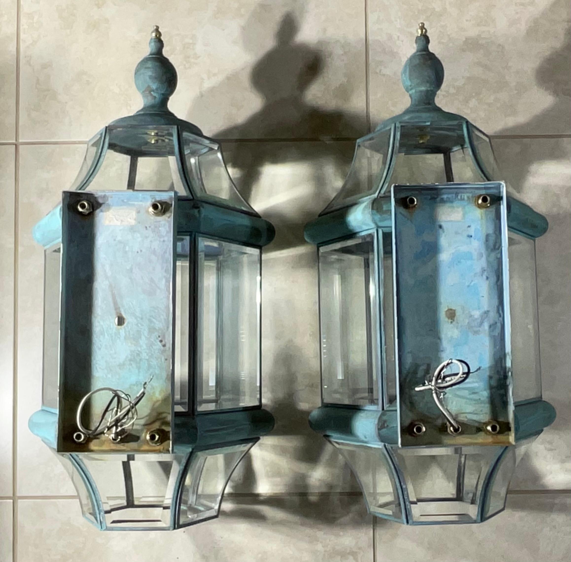 Large Pair of Solid Handcrafted Wall-Mounted Brass Lantern 24”H x 11”W x 12”D For Sale 6