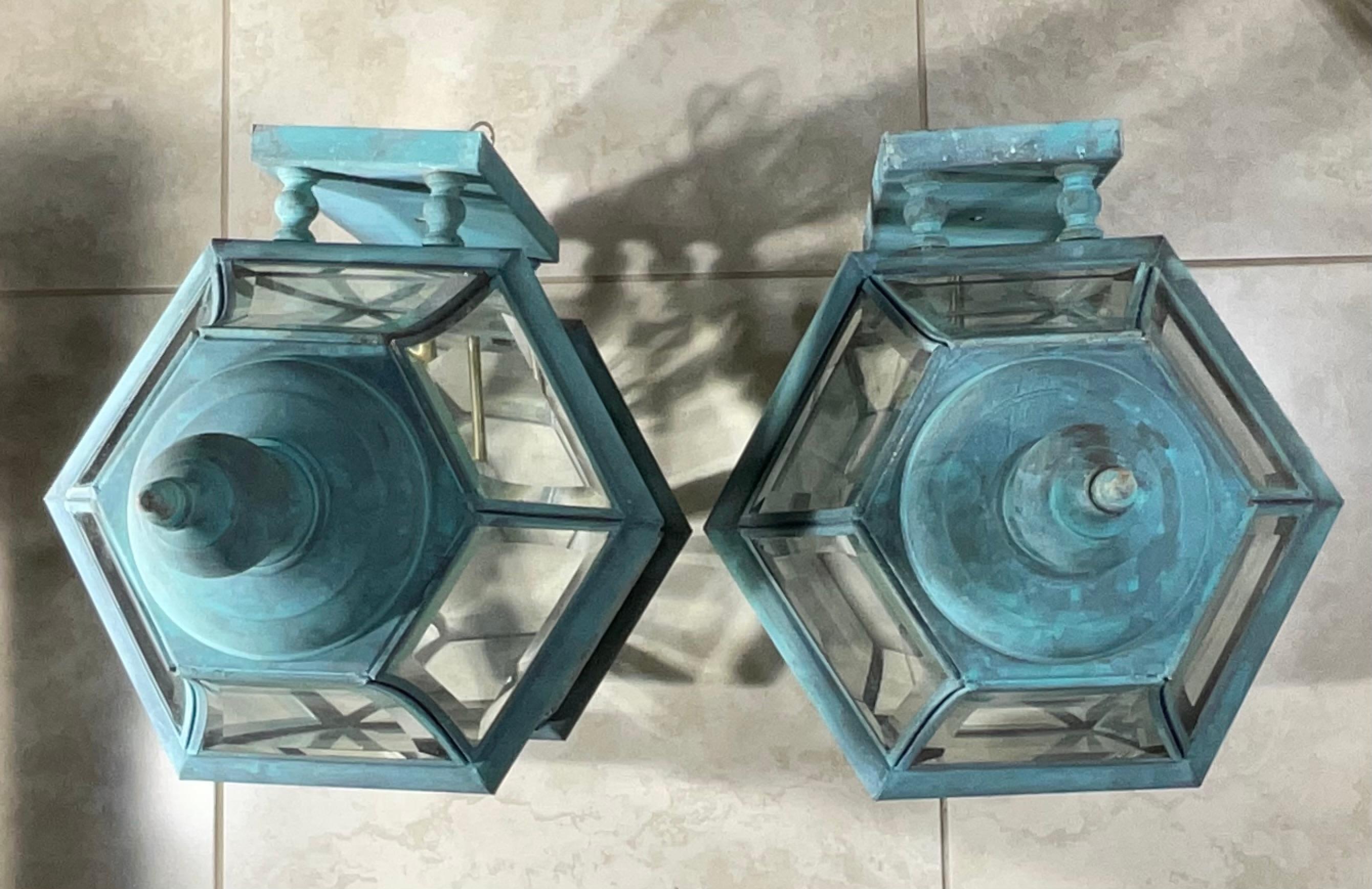 Large Pair of Solid Handcrafted Wall-Mounted Brass Lantern 24”H x 11”W x 12”D For Sale 7