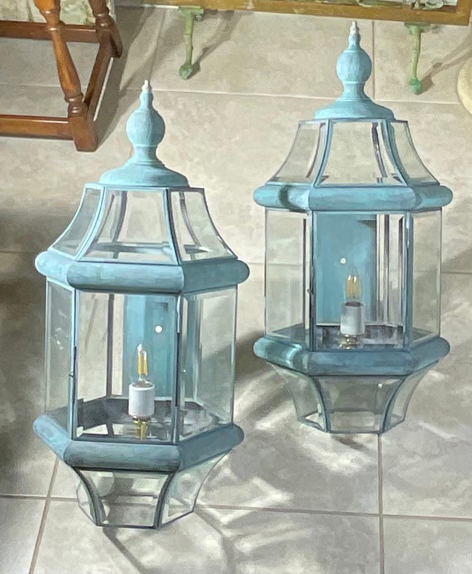 Large Pair of Solid Handcrafted Wall-Mounted Brass Lantern 24”H x 11”W x 12”D For Sale 8