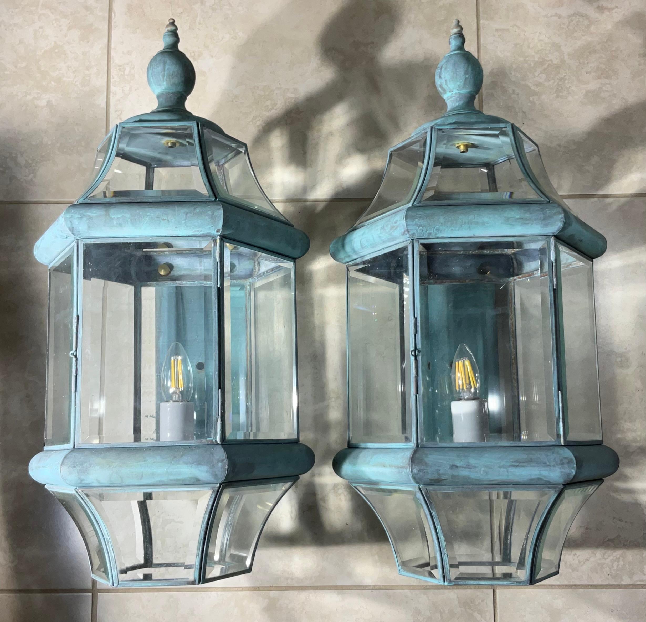 American Large Pair of Solid Handcrafted Wall-Mounted Brass Lantern 24”H x 11”W x 12”D For Sale