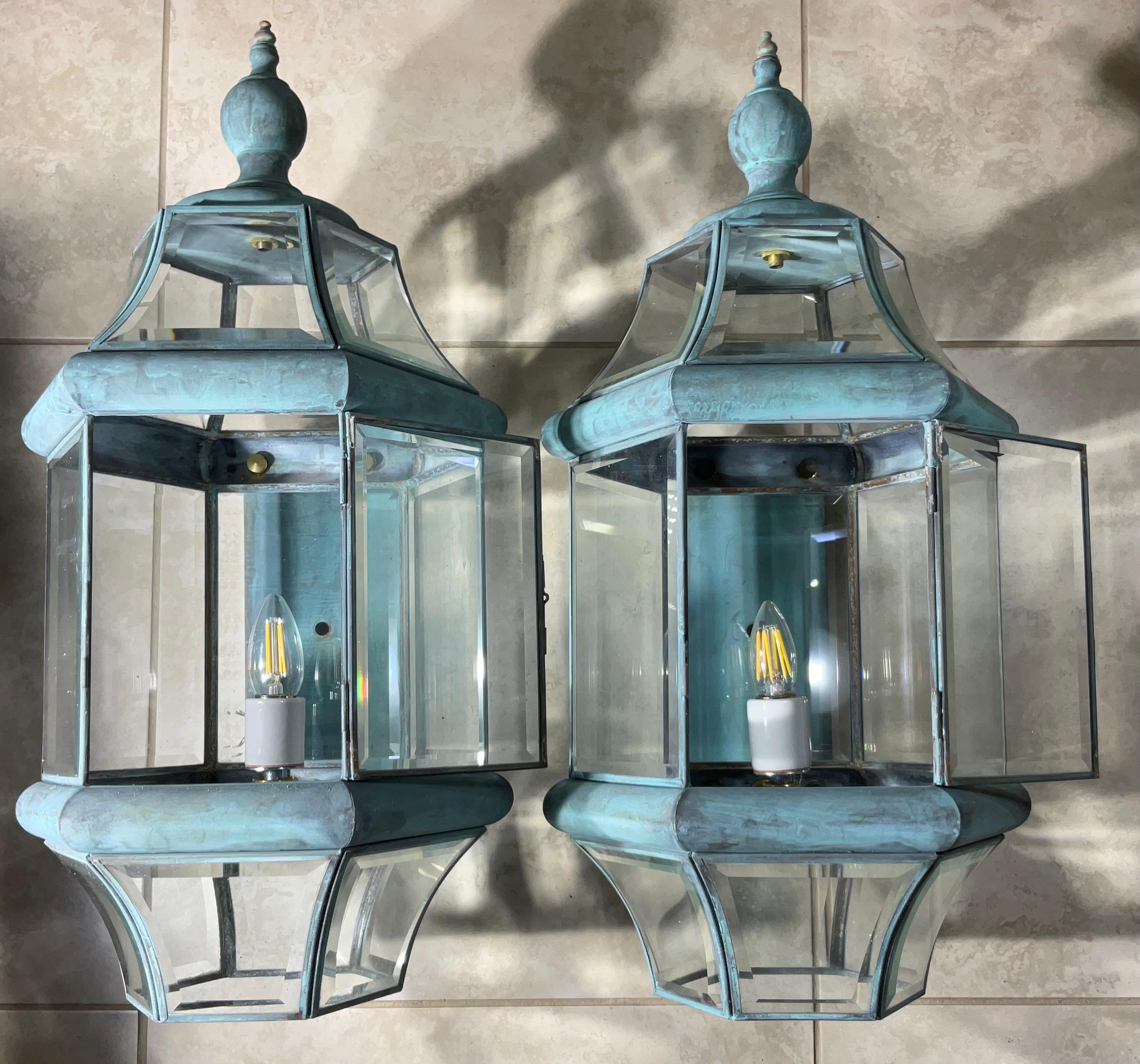 Hand-Crafted Large Pair of Solid Handcrafted Wall-Mounted Brass Lantern 24”H x 11”W x 12”D For Sale