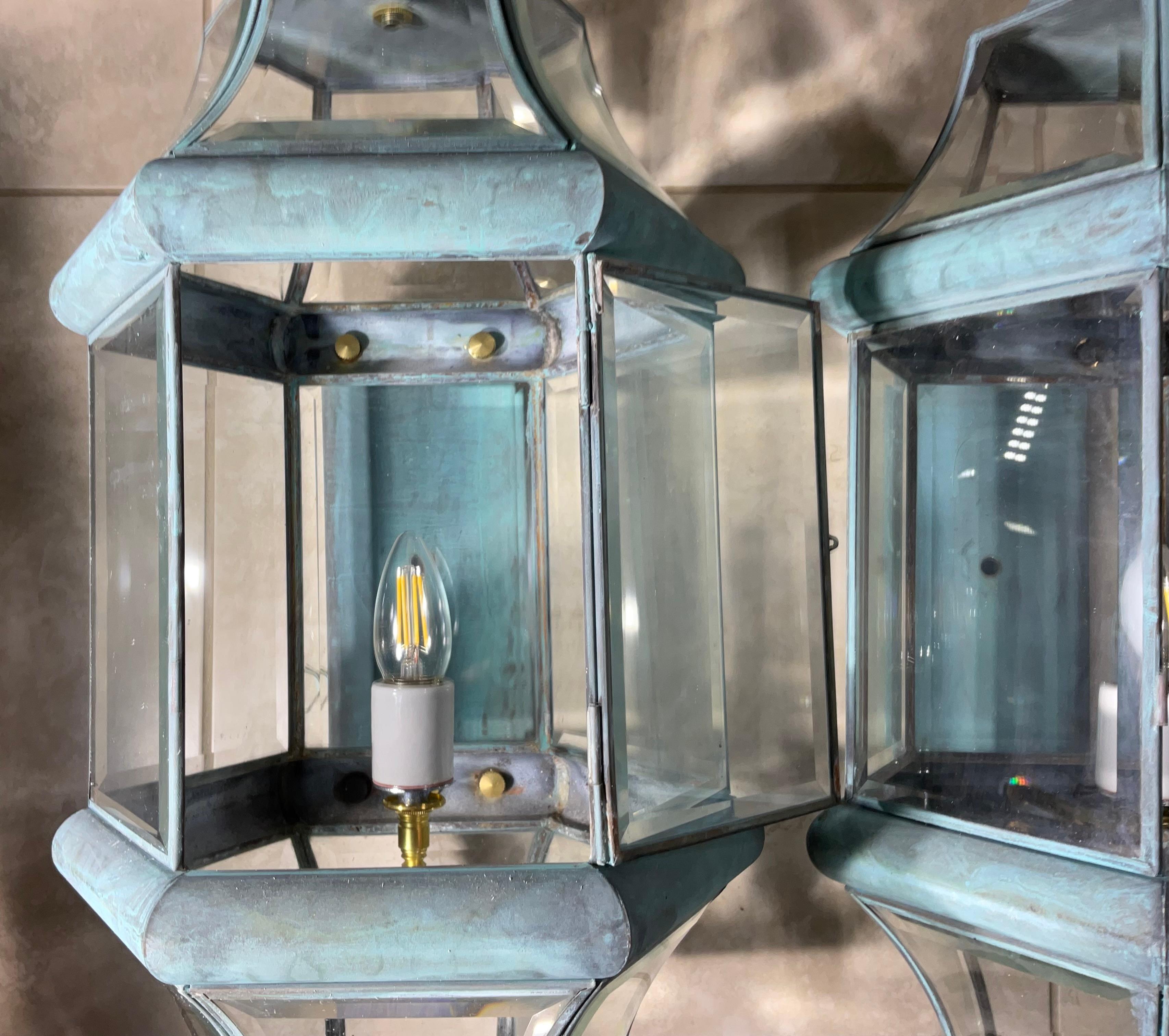 20th Century Large Pair of Solid Handcrafted Wall-Mounted Brass Lantern 24”H x 11”W x 12”D For Sale